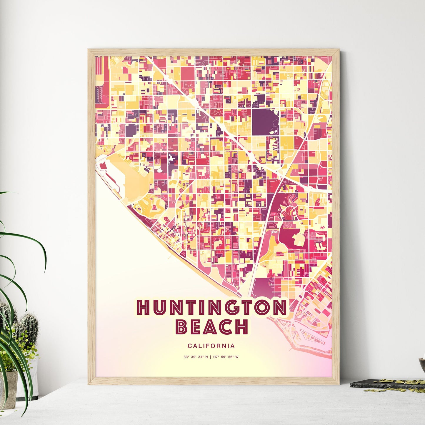 Colorful Huntington Beach California Fine Art Map Hot Red