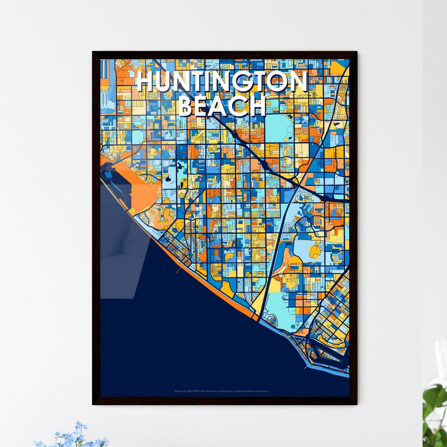 HUNTINGTON BEACH CALIFORNIA Vibrant Colorful Art Map Poster Blue Orange