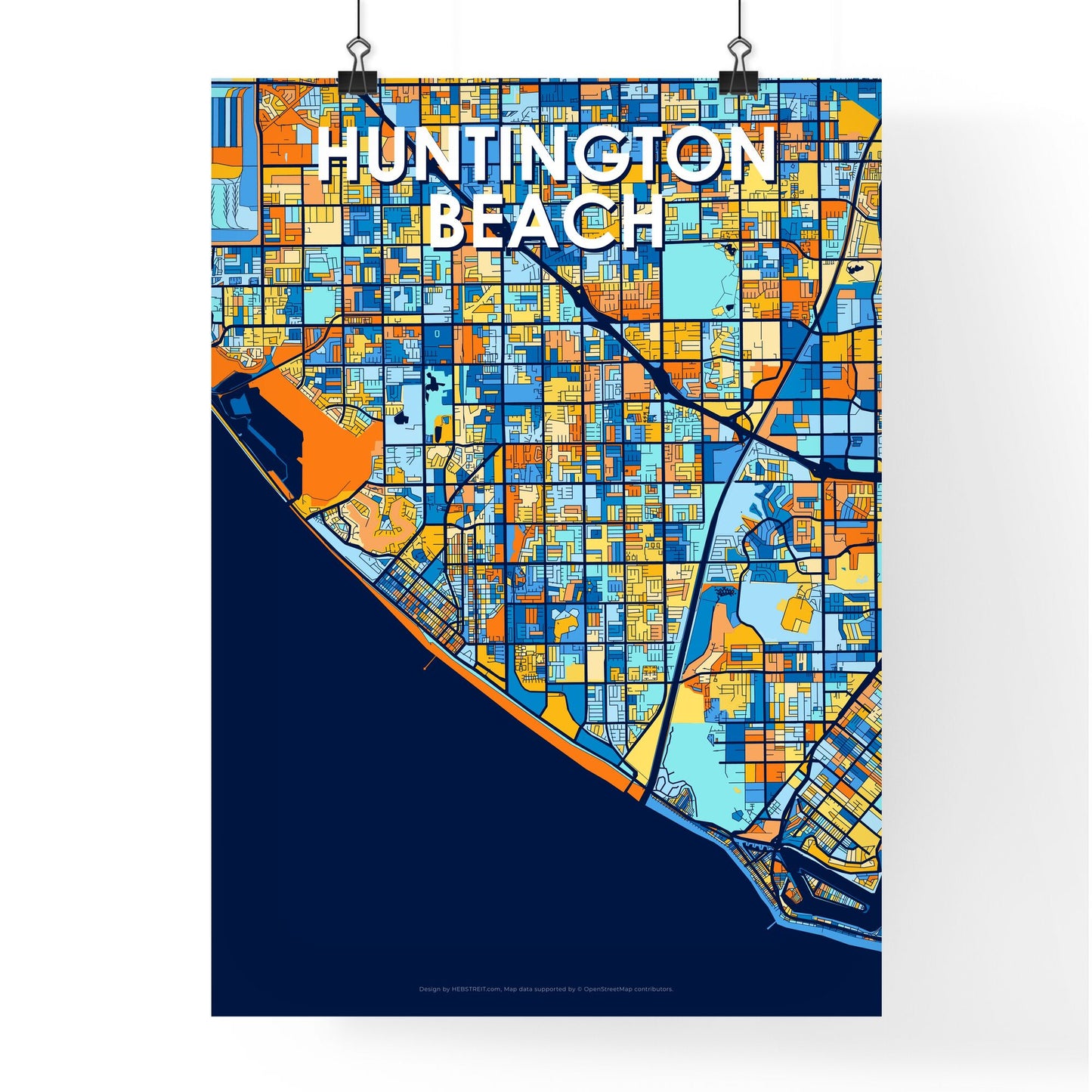 HUNTINGTON BEACH CALIFORNIA Vibrant Colorful Art Map Poster Blue Orange