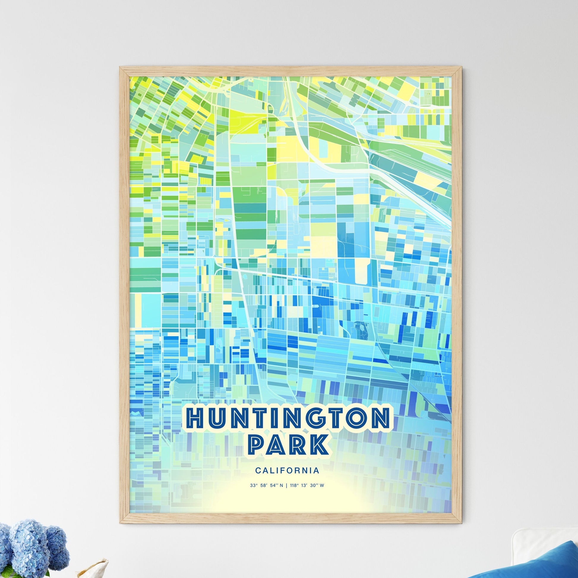 Colorful Huntington Park California Fine Art Map Cool Blue