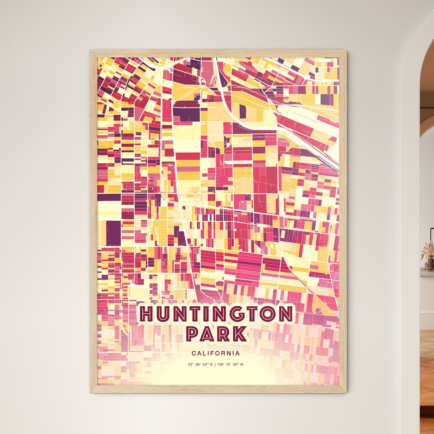 Colorful Huntington Park California Fine Art Map Hot Red