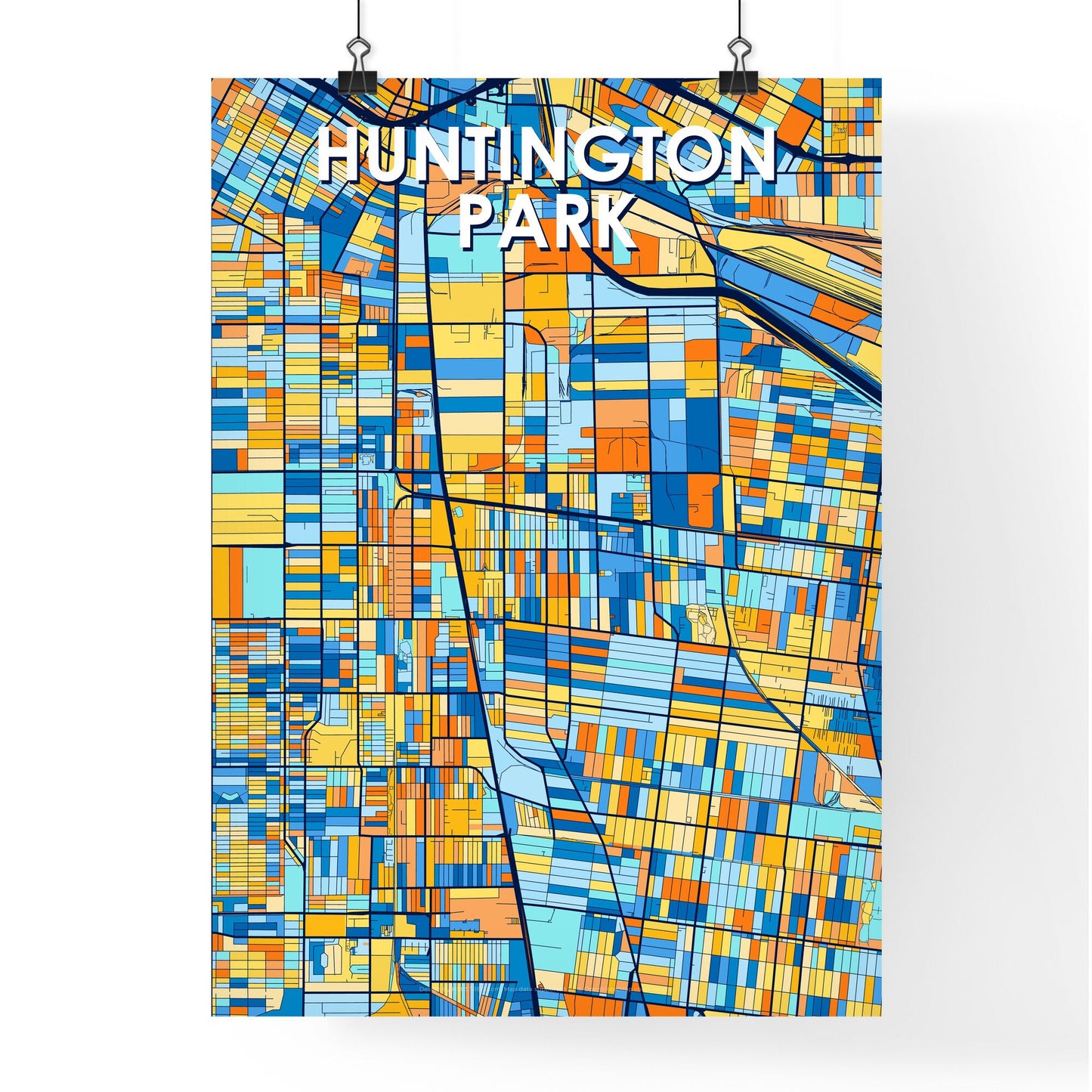 HUNTINGTON PARK CALIFORNIA Vibrant Colorful Art Map Poster Blue Orange