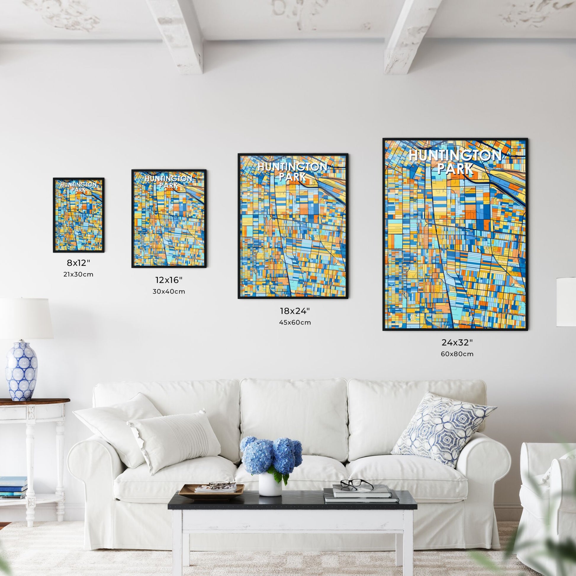 HUNTINGTON PARK CALIFORNIA Vibrant Colorful Art Map Poster Blue Orange