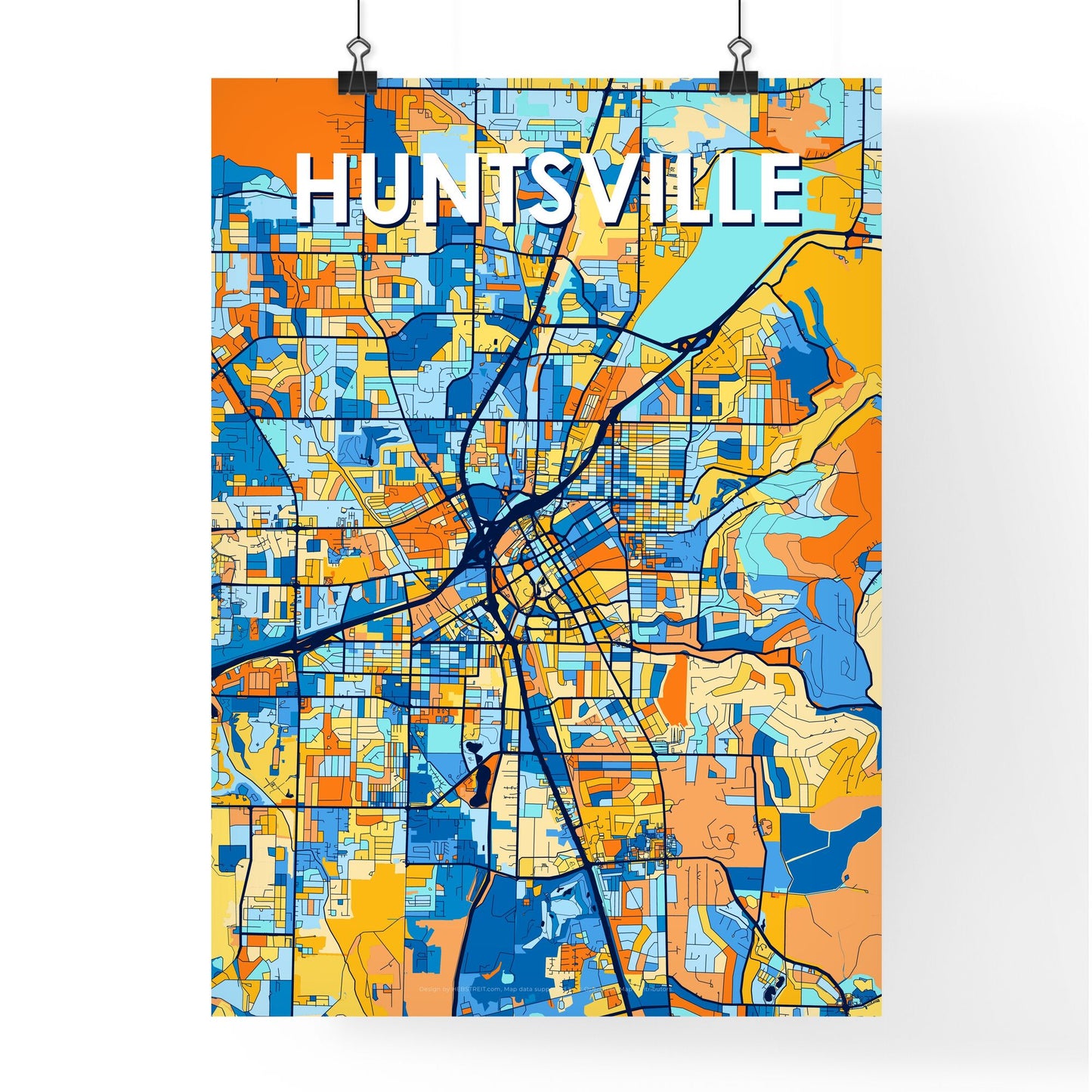 HUNTSVILLE ALABAMA Vibrant Colorful Art Map Poster Blue Orange