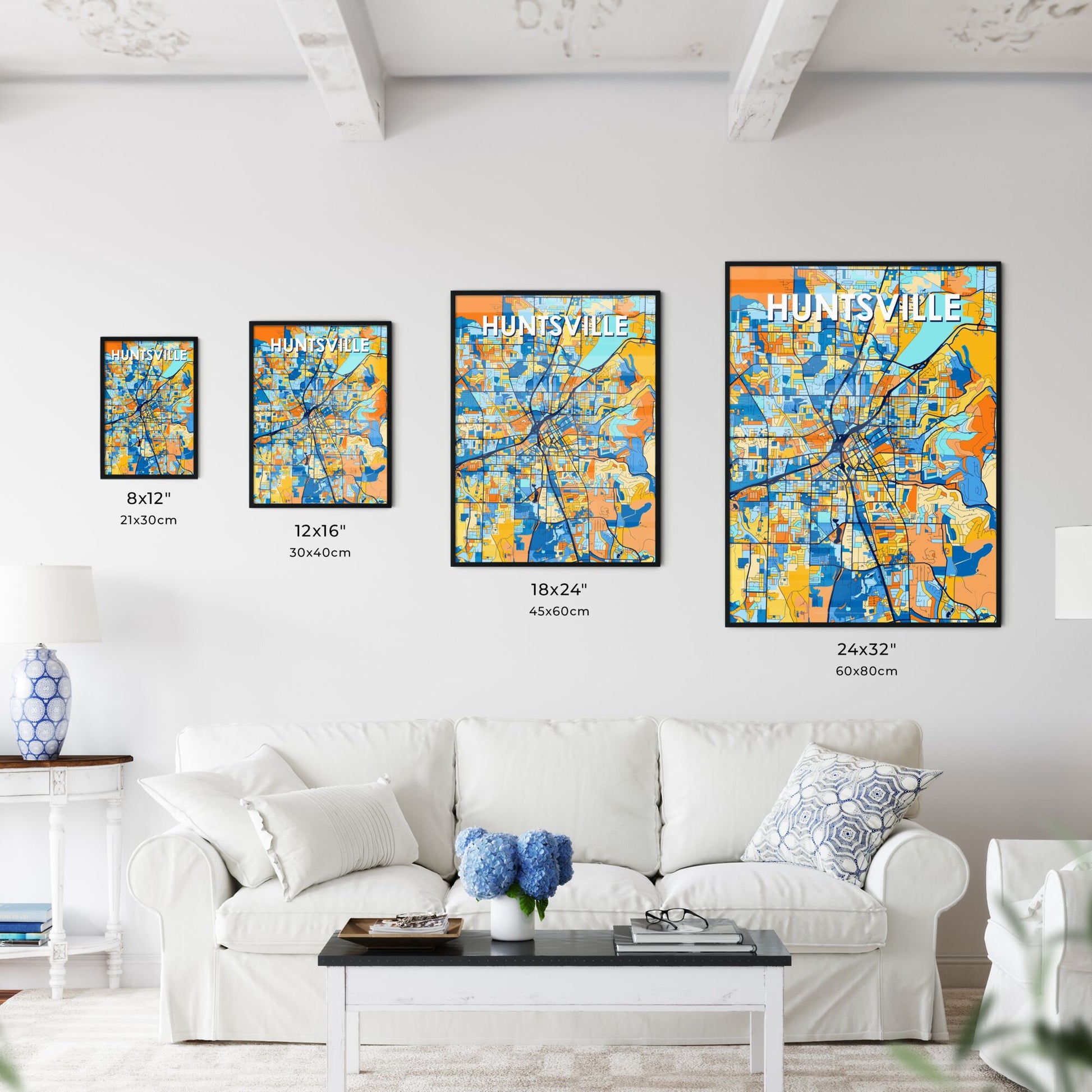 HUNTSVILLE ALABAMA Vibrant Colorful Art Map Poster Blue Orange