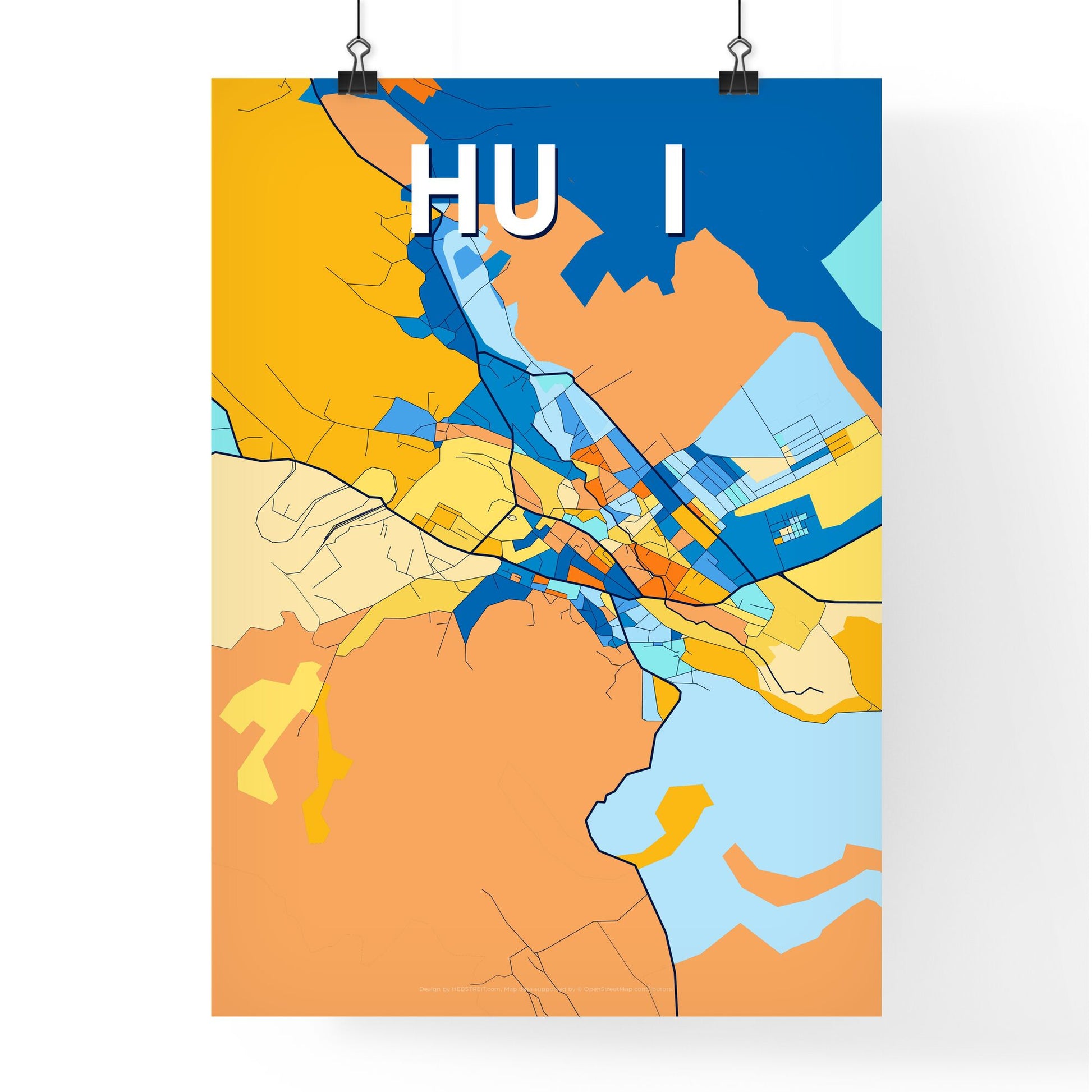 HUȘI ROMANIA Vibrant Colorful Art Map Poster Blue Orange