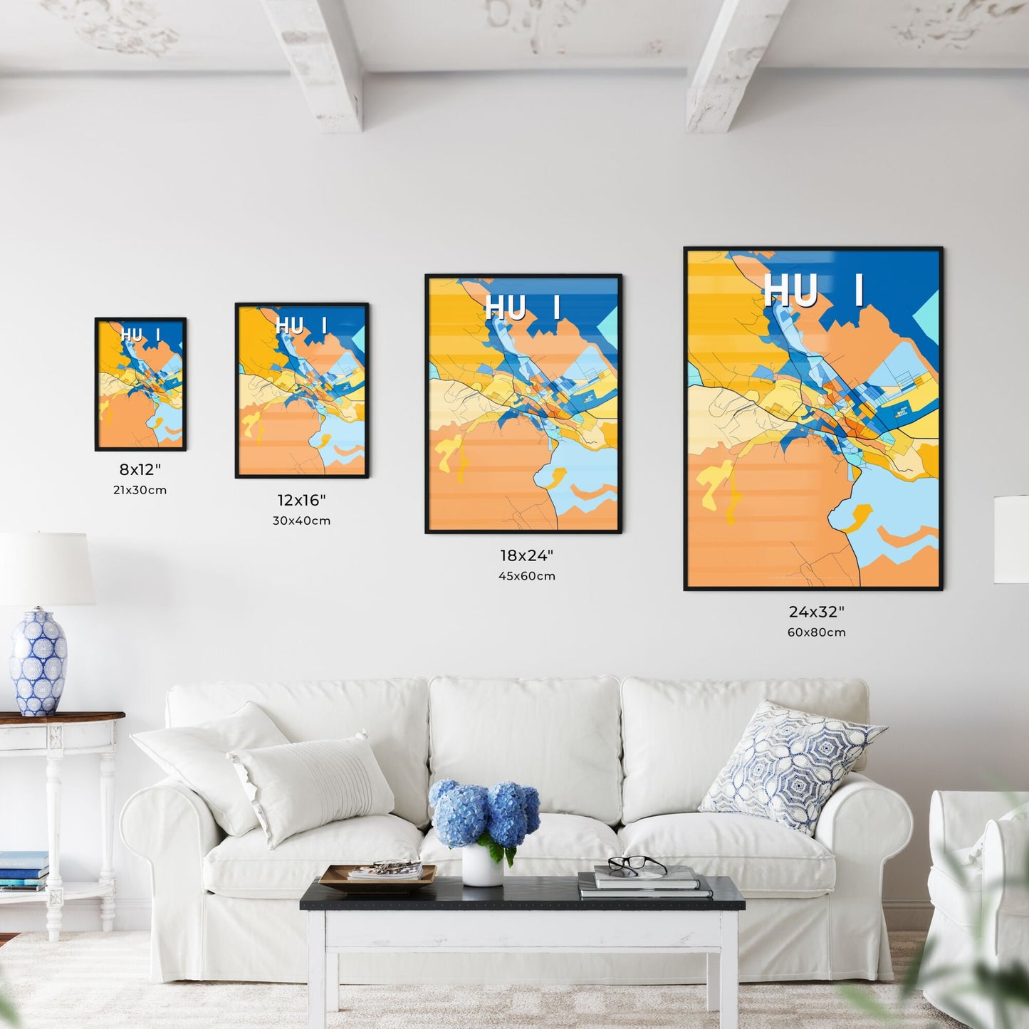 HUȘI ROMANIA Vibrant Colorful Art Map Poster Blue Orange