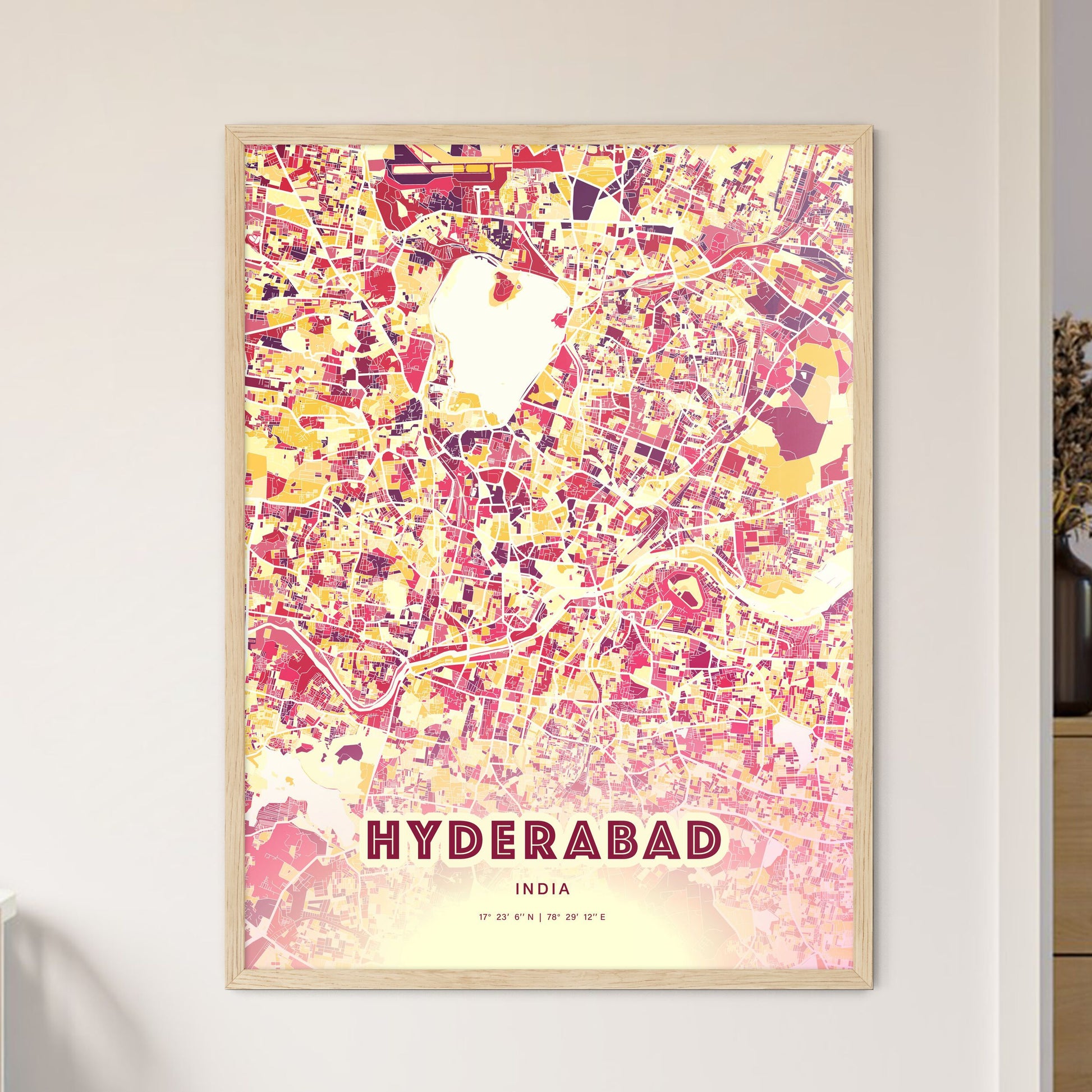 Colorful Hyderabad India Fine Art Map Hot Red