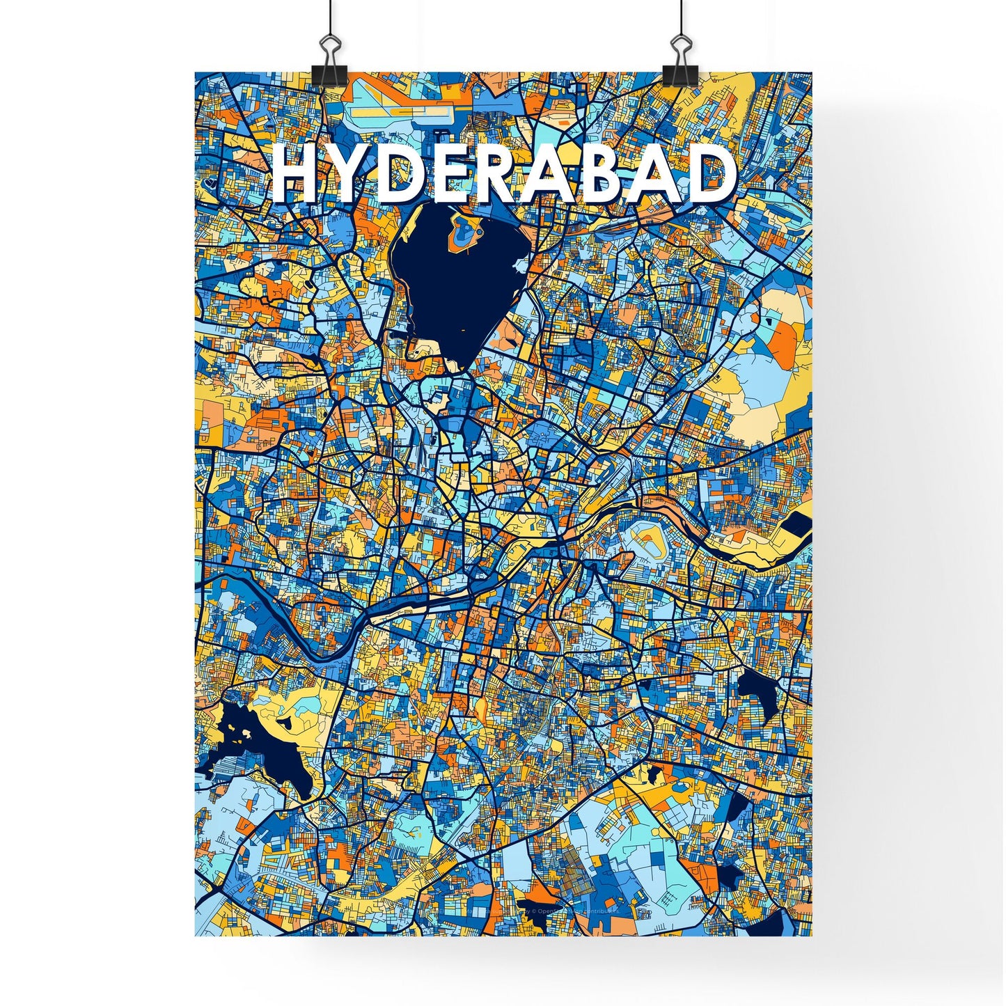 HYDERABAD INDIA Vibrant Colorful Art Map Poster Blue Orange