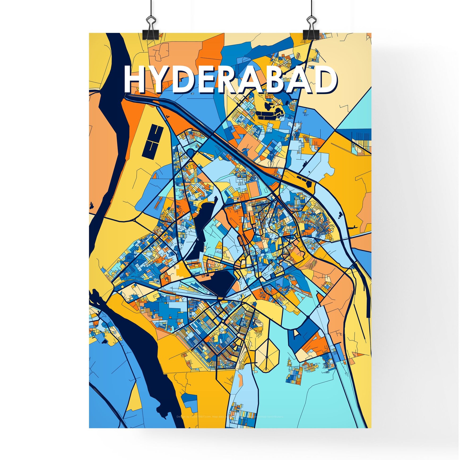 HYDERABAD PAKISTAN Vibrant Colorful Art Map Poster Blue Orange