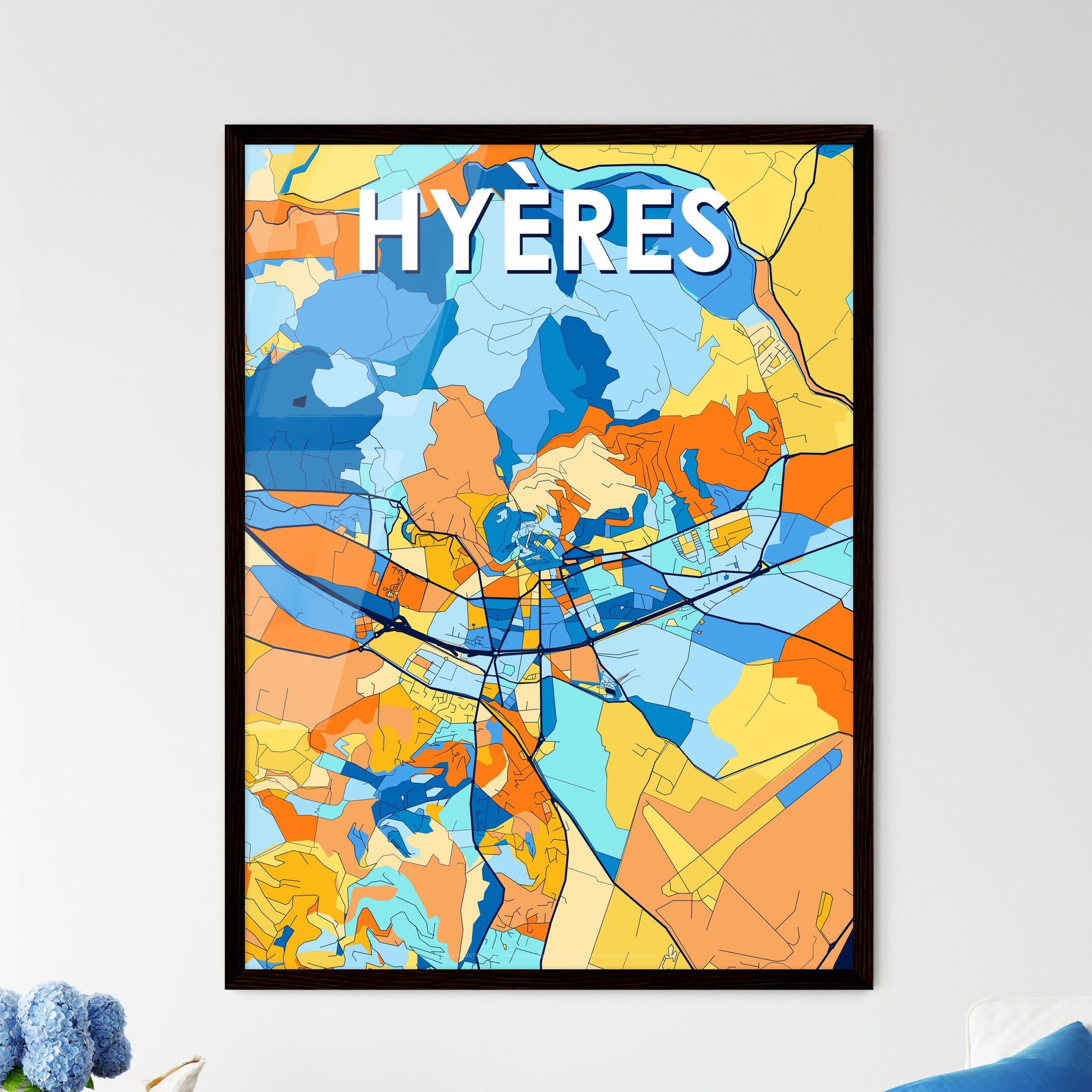 HYÈRES FRANCE Vibrant Colorful Art Map Poster Blue Orange