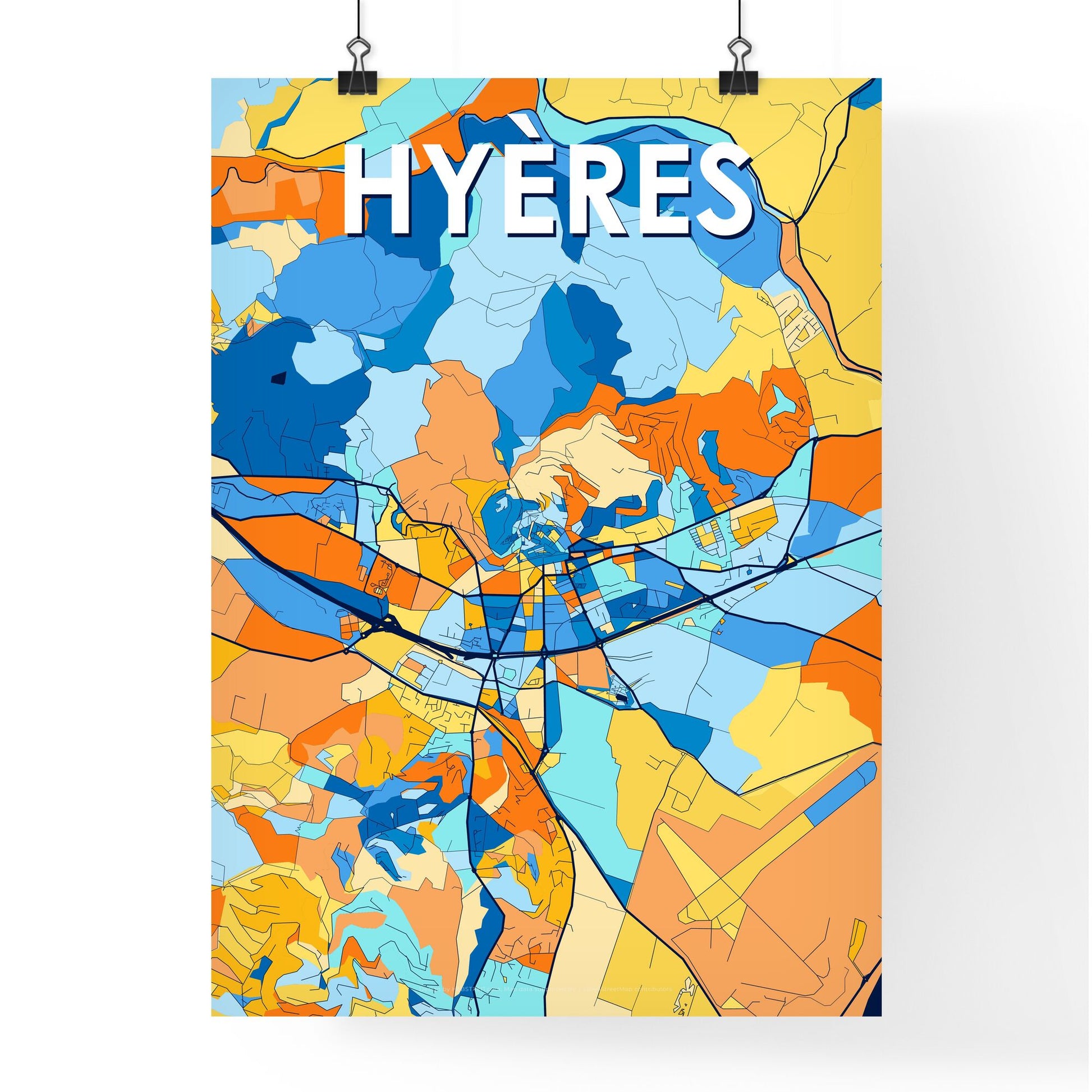 HYÈRES FRANCE Vibrant Colorful Art Map Poster Blue Orange