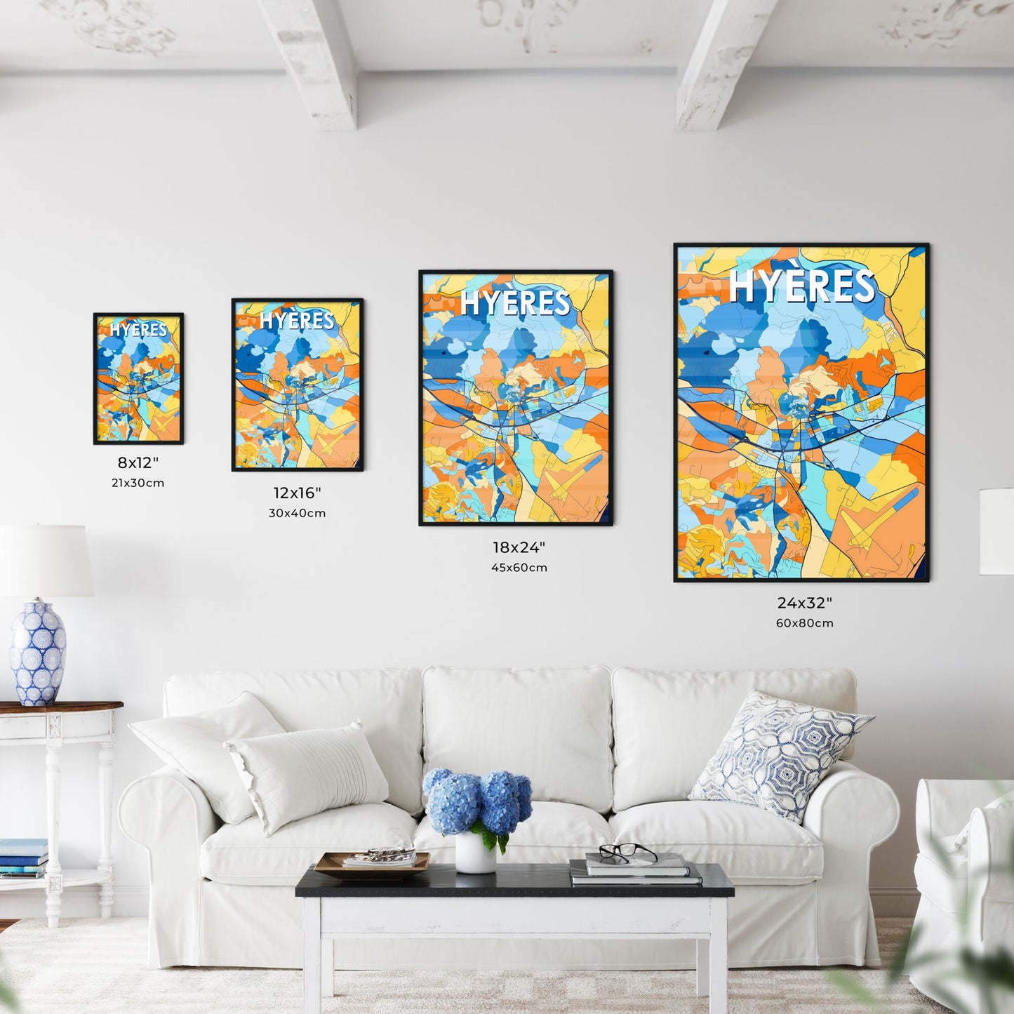 HYÈRES FRANCE Vibrant Colorful Art Map Poster Blue Orange