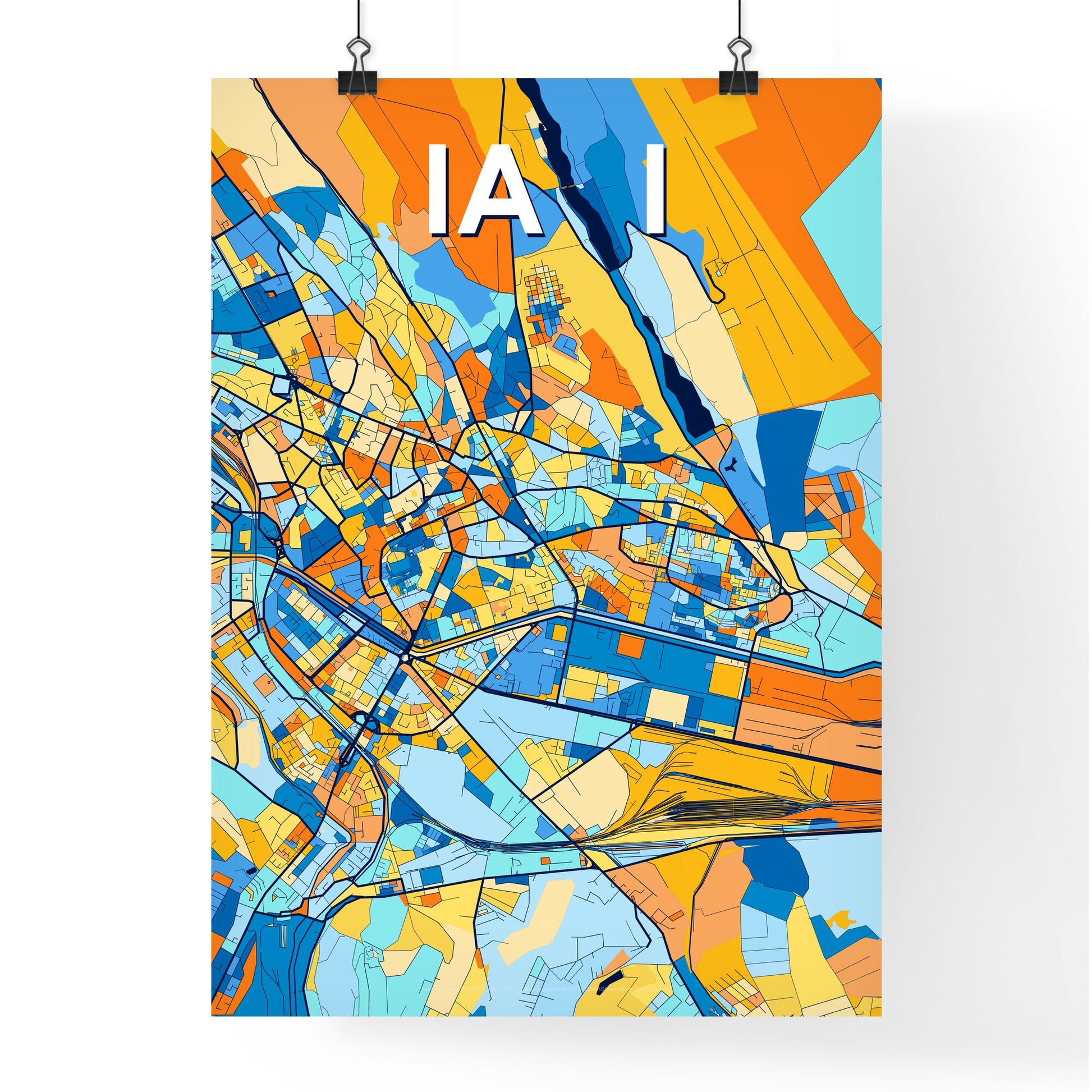 IAȘI ROMANIA Vibrant Colorful Art Map Poster Blue Orange