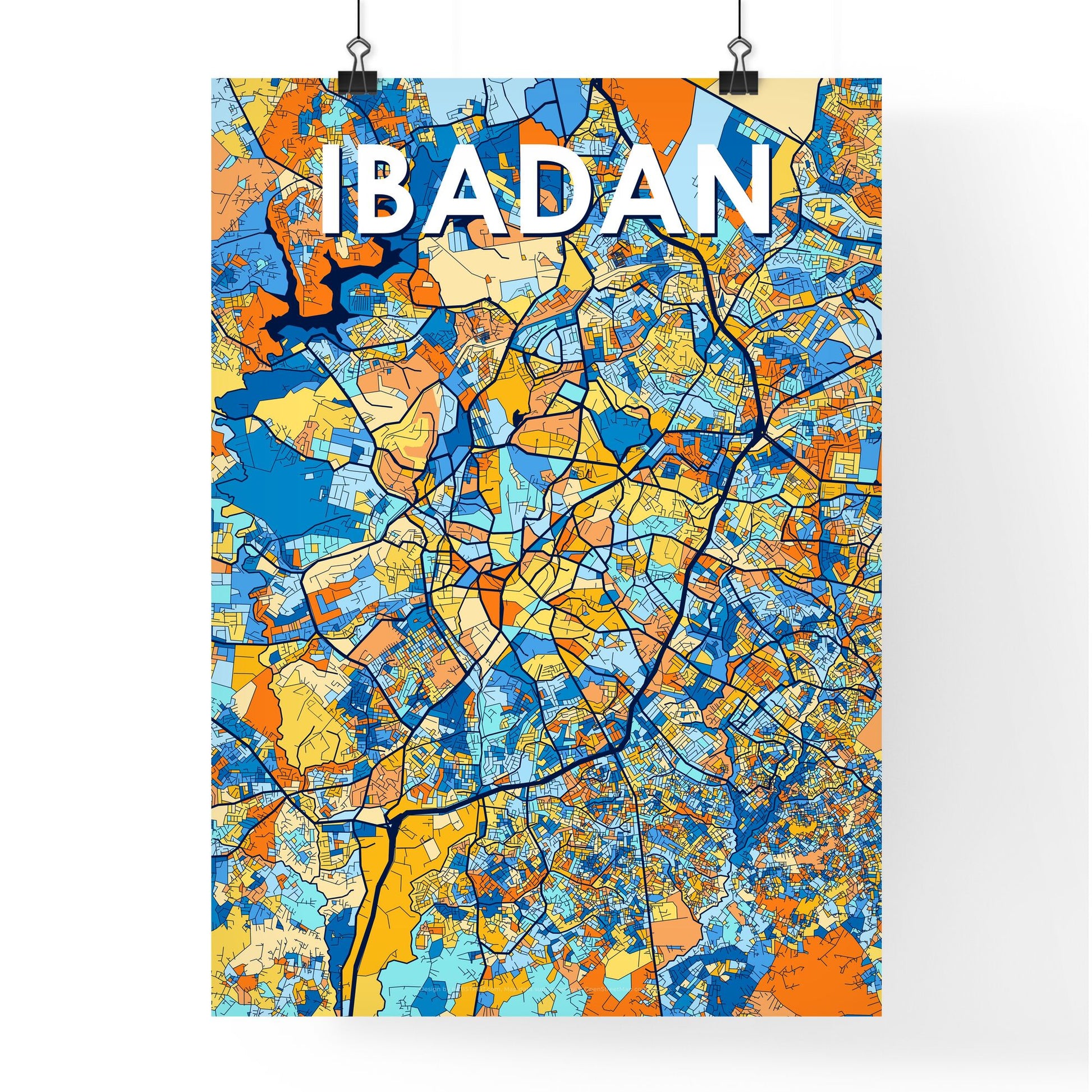 IBADAN NIGERIA Vibrant Colorful Art Map Poster Blue Orange