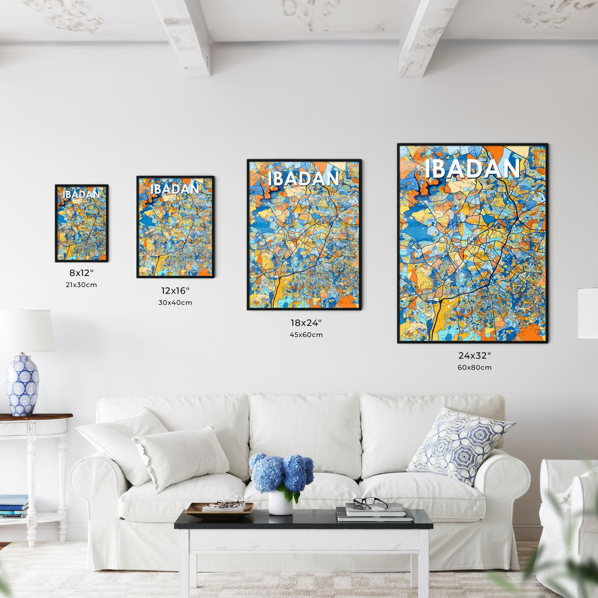 IBADAN NIGERIA Vibrant Colorful Art Map Poster Blue Orange