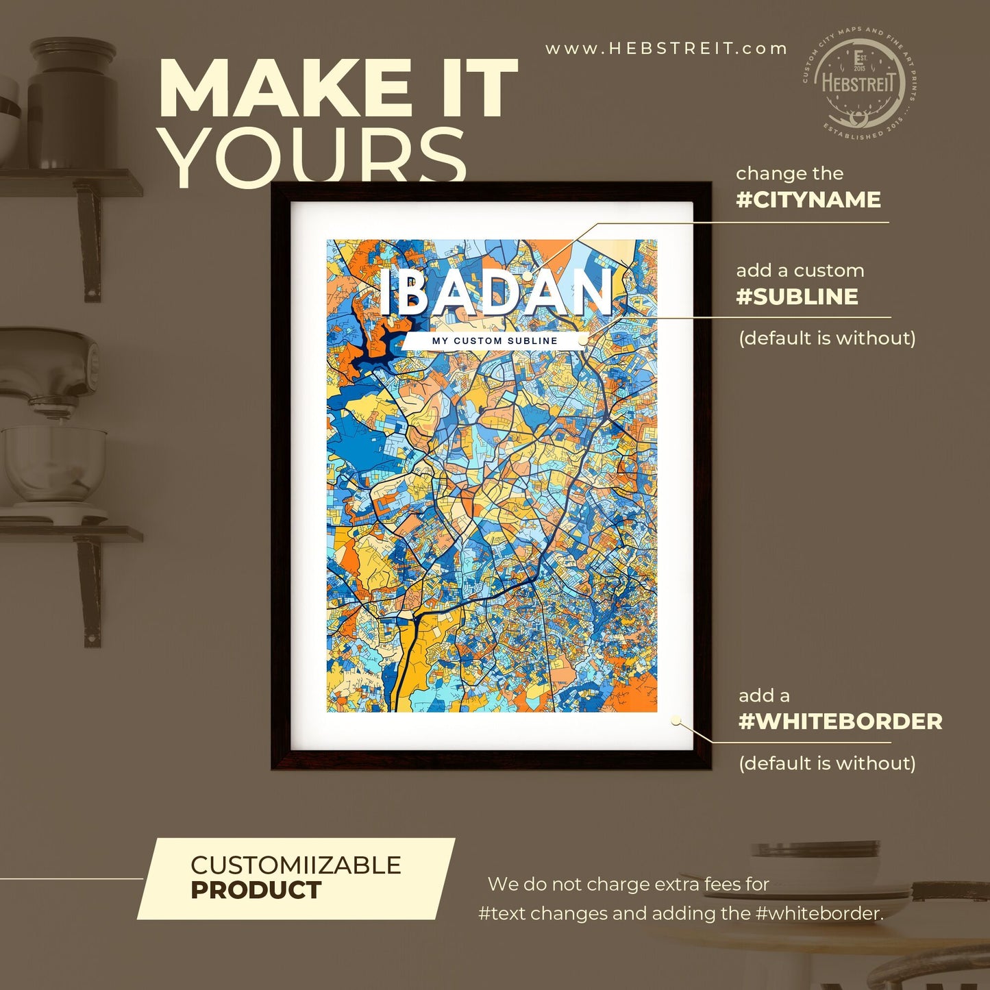 IBADAN NIGERIA Vibrant Colorful Art Map Poster Blue Orange