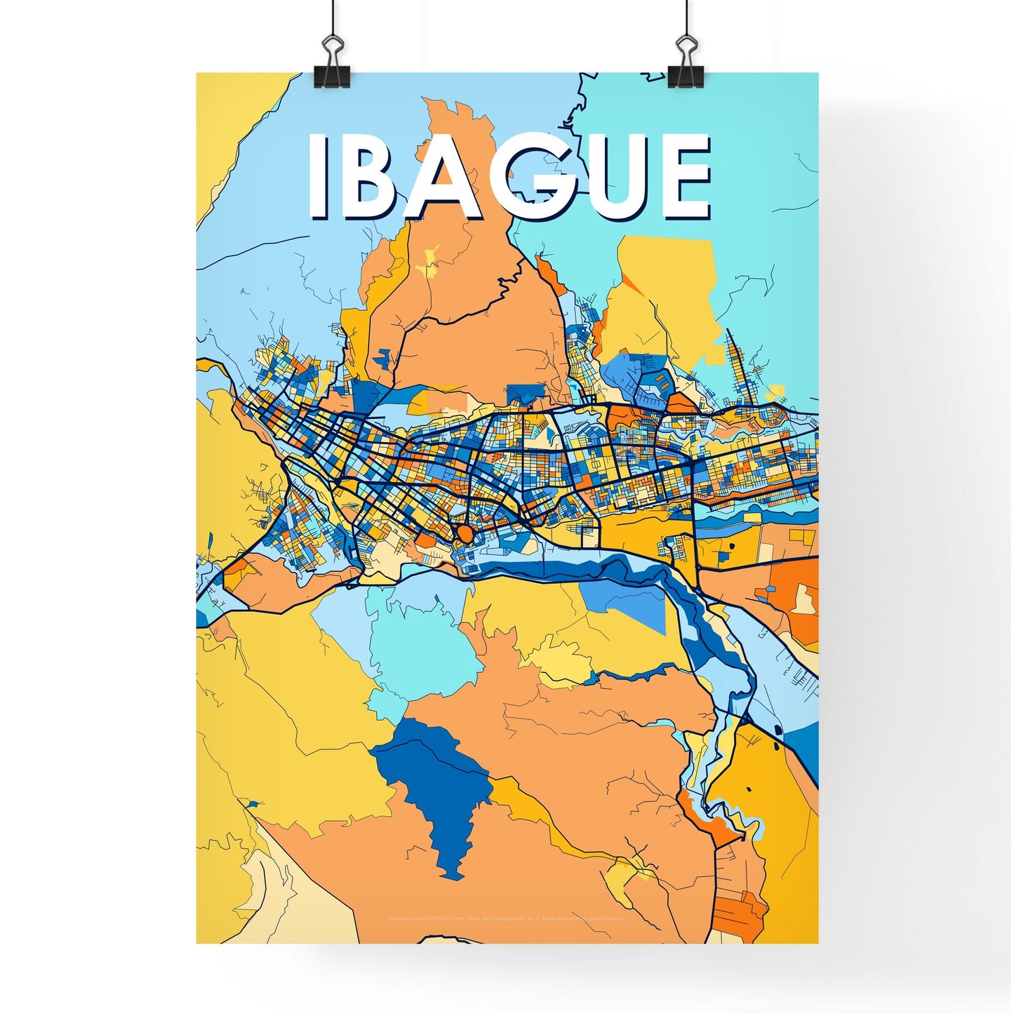 IBAGUE COLOMBIA Vibrant Colorful Art Map Poster Blue Orange