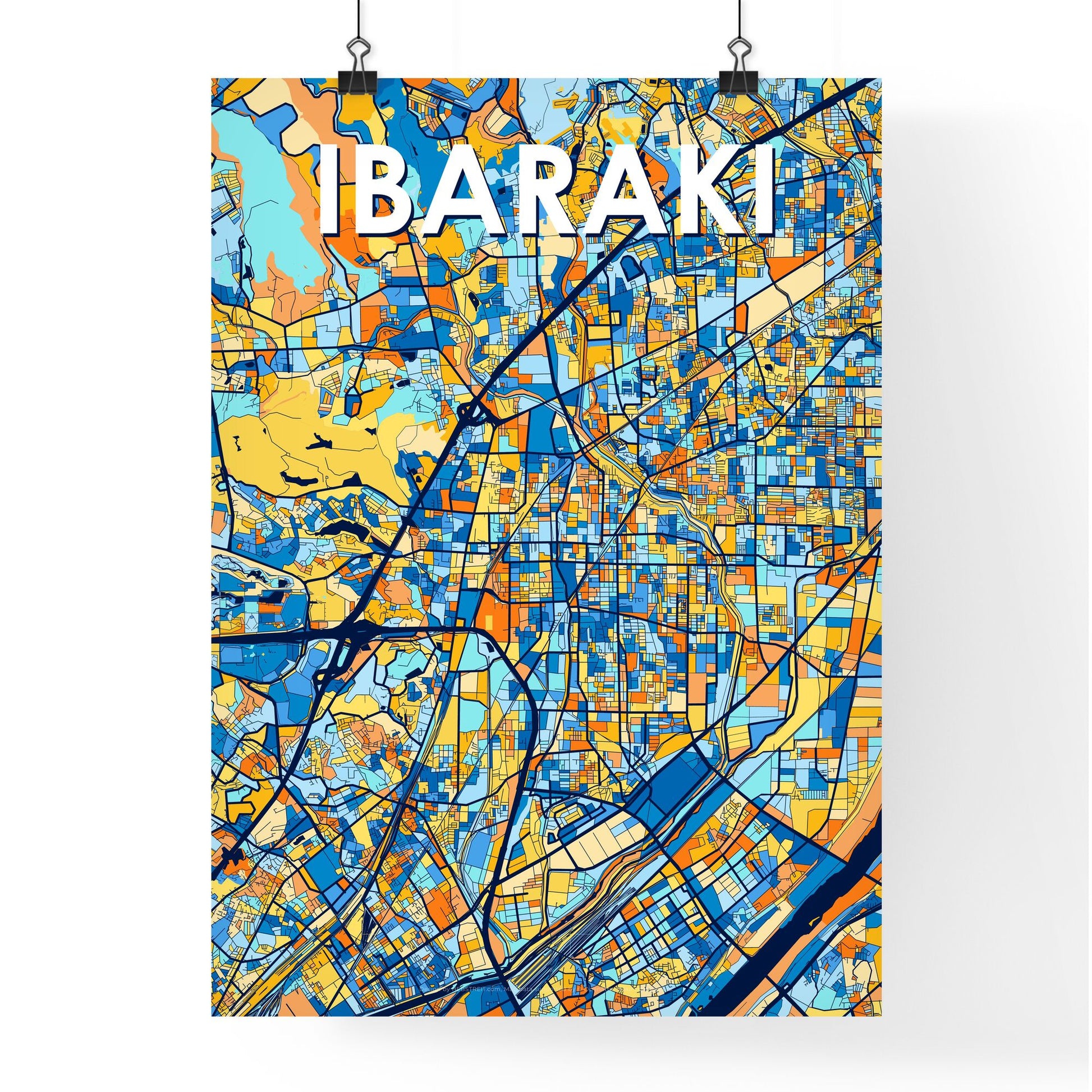 IBARAKI JAPAN Vibrant Colorful Art Map Poster Blue Orange