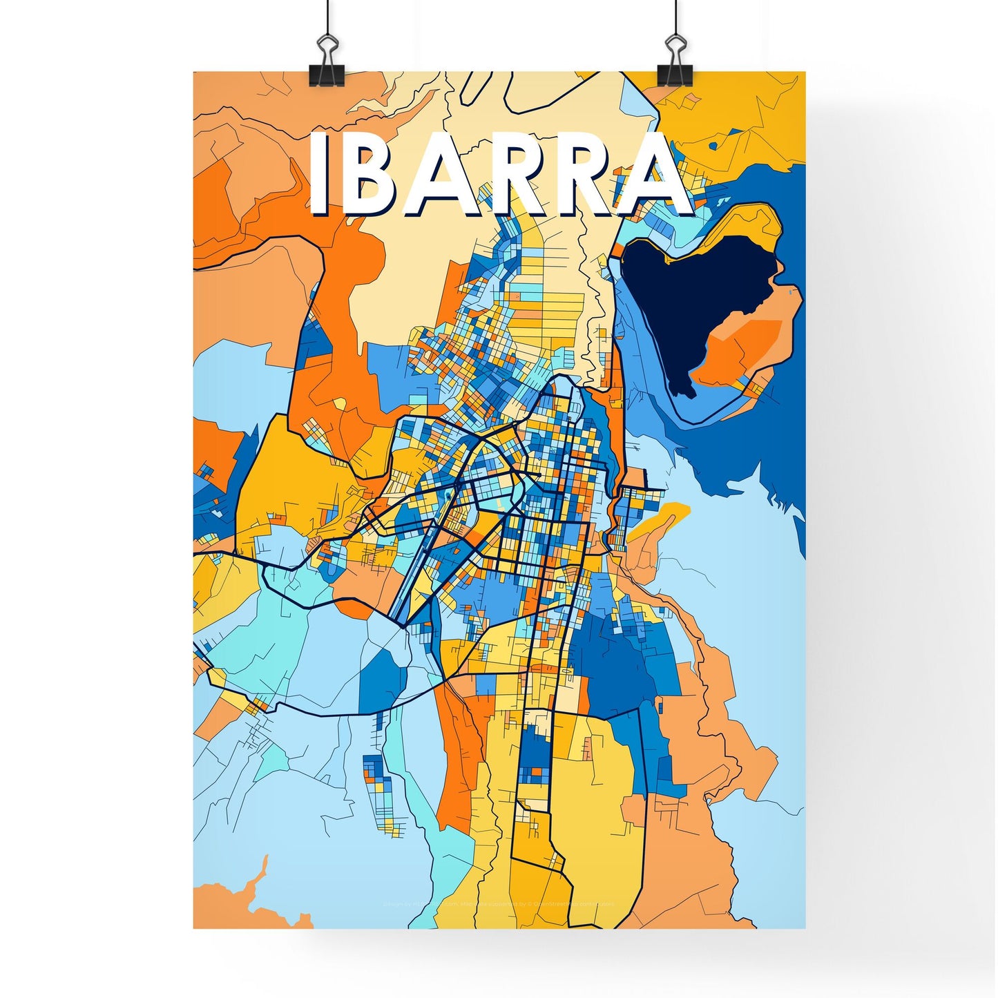 IBARRA ECUADOR Vibrant Colorful Art Map Poster Blue Orange