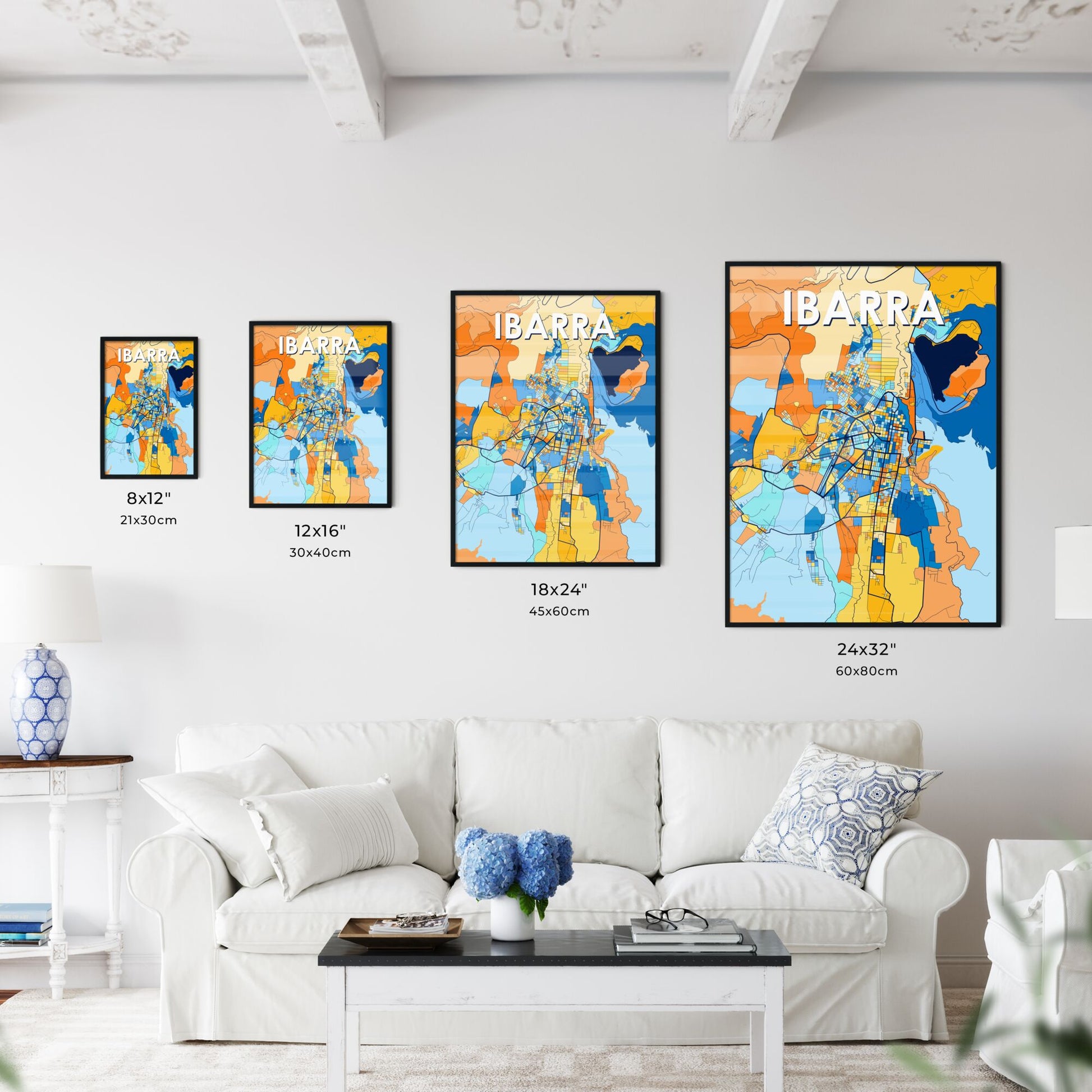 IBARRA ECUADOR Vibrant Colorful Art Map Poster Blue Orange