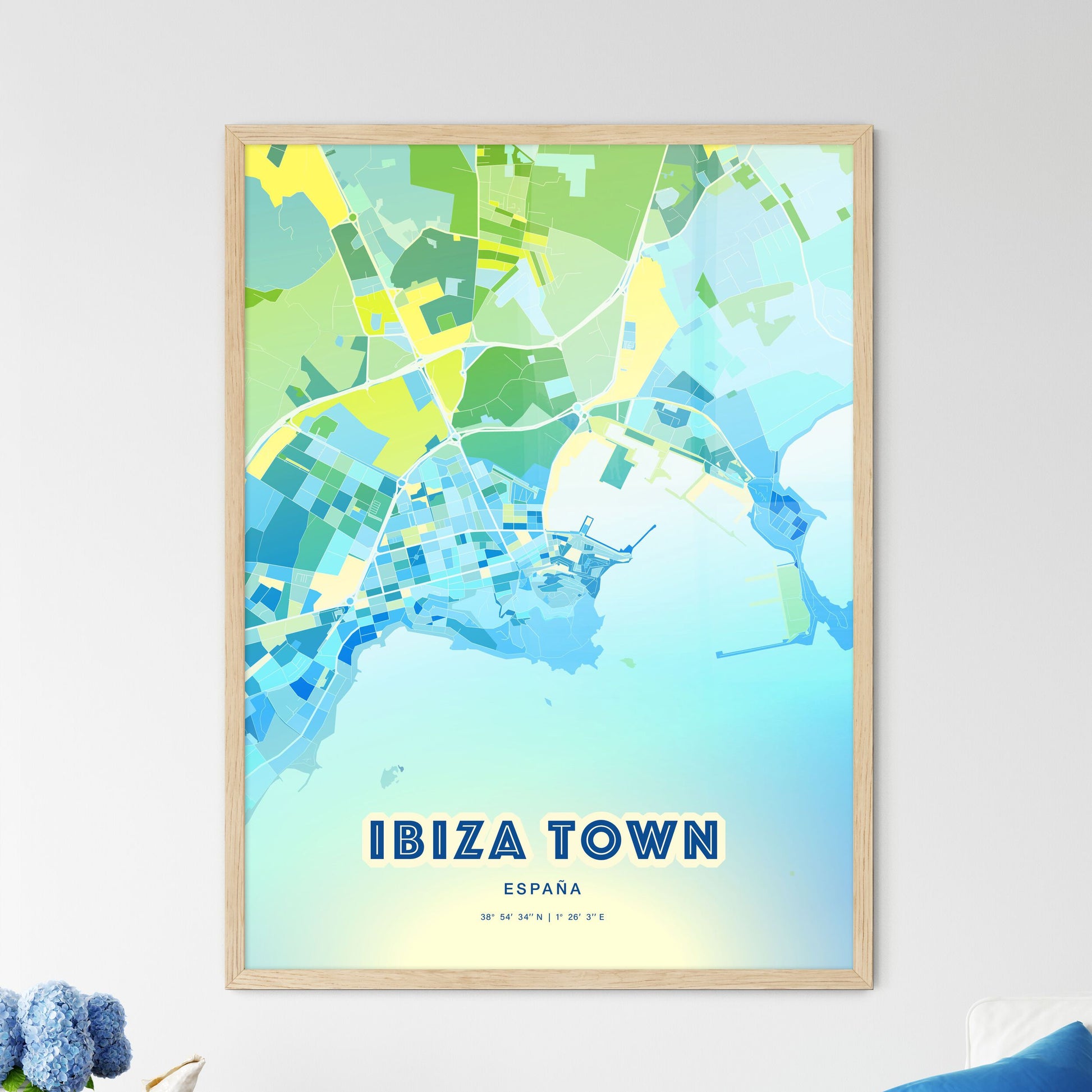 Colorful Ibiza Town Spain Fine Art Map Cool Blue