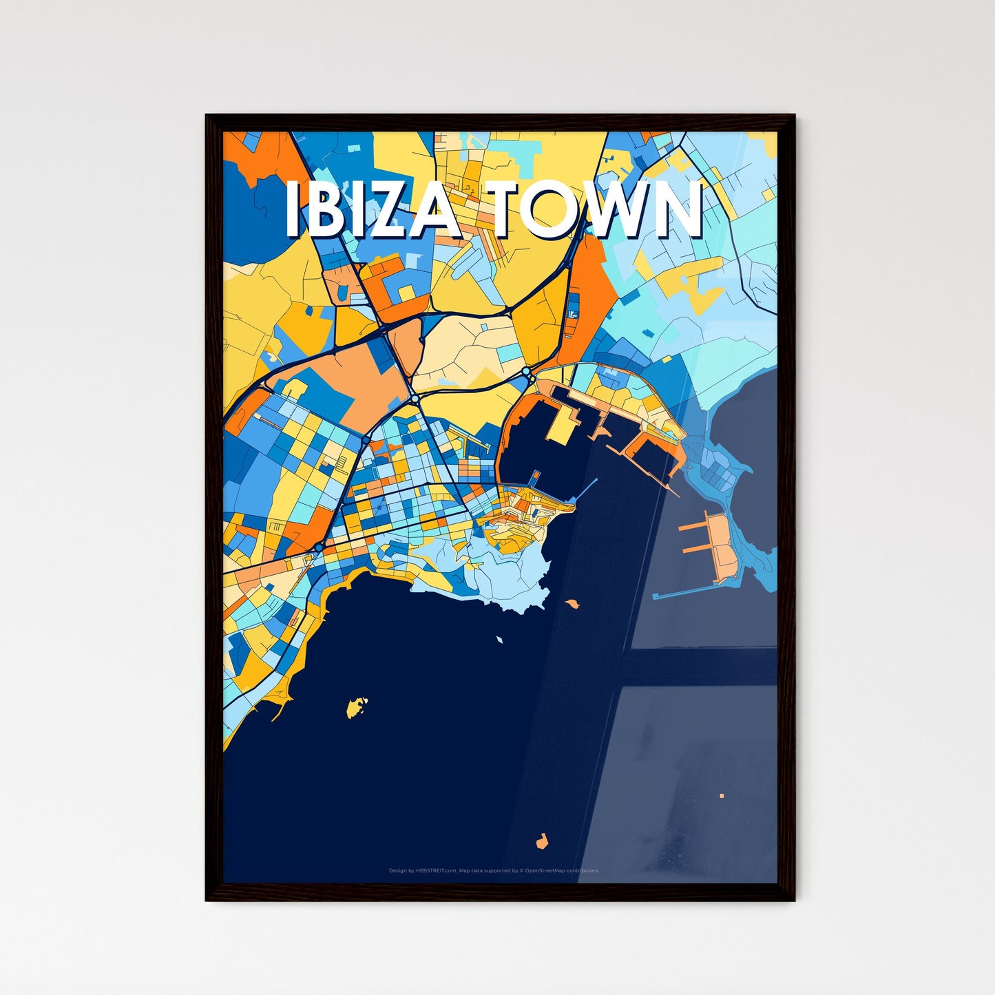 IBIZA TOWN SPAIN Vibrant Colorful Art Map Poster Blue Orange