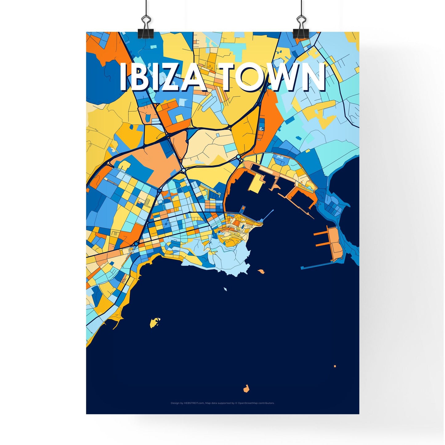 IBIZA TOWN SPAIN Vibrant Colorful Art Map Poster Blue Orange