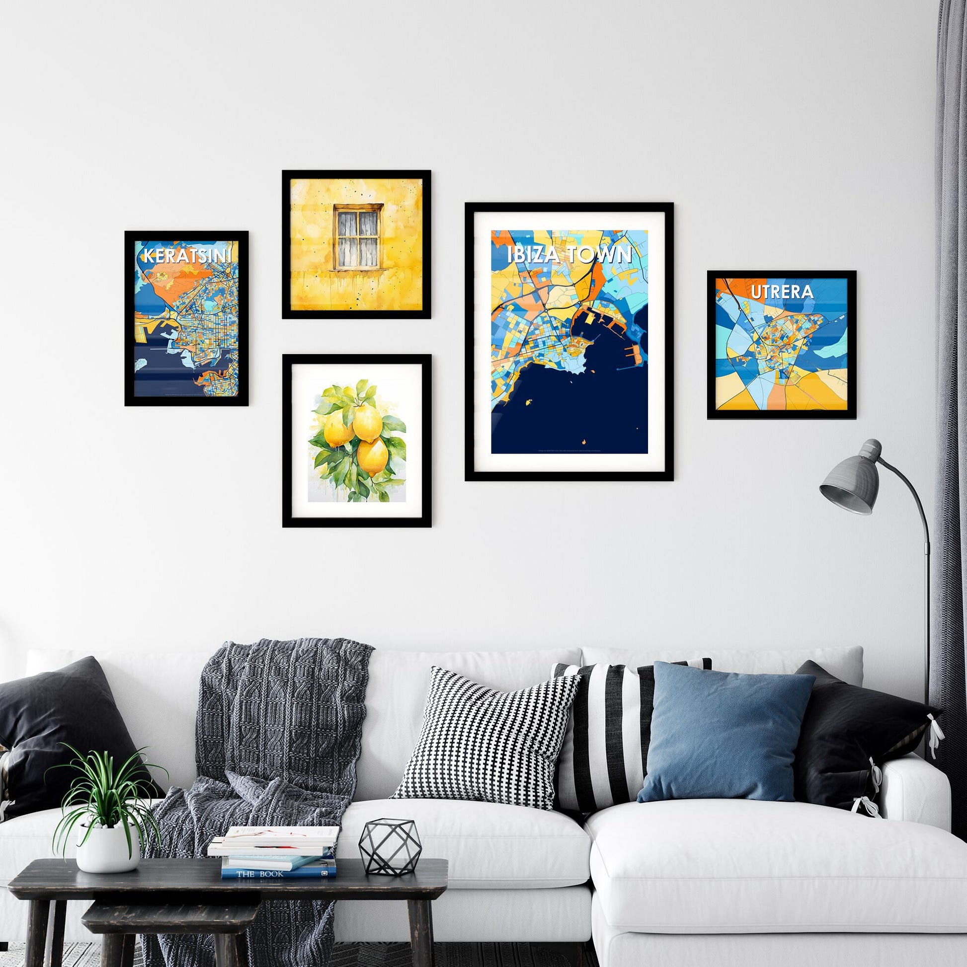 IBIZA TOWN SPAIN Vibrant Colorful Art Map Poster Blue Orange