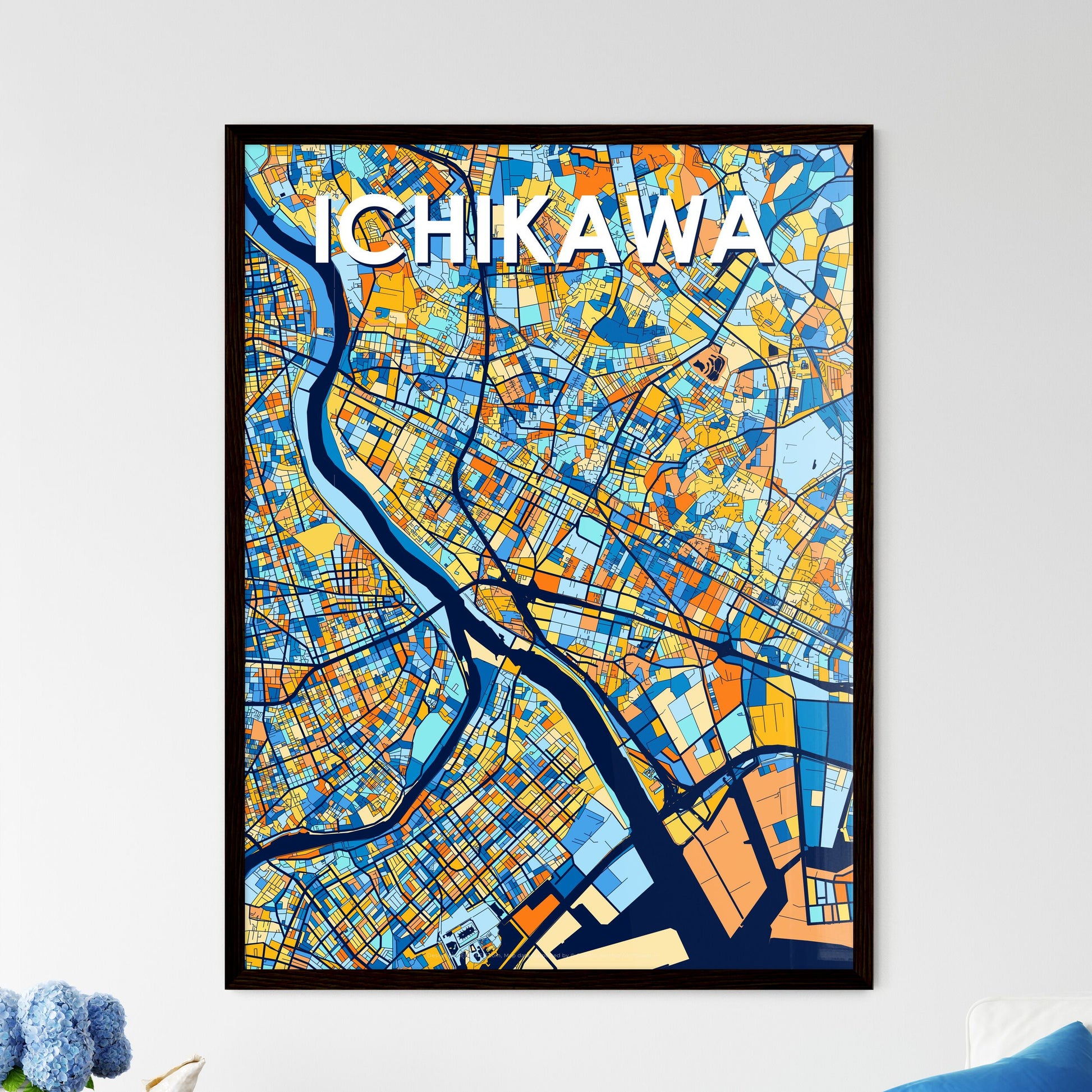 ICHIKAWA JAPAN Vibrant Colorful Art Map Poster Blue Orange