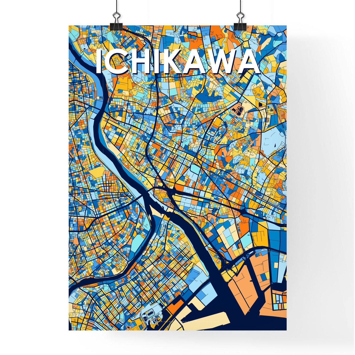 ICHIKAWA JAPAN Vibrant Colorful Art Map Poster Blue Orange