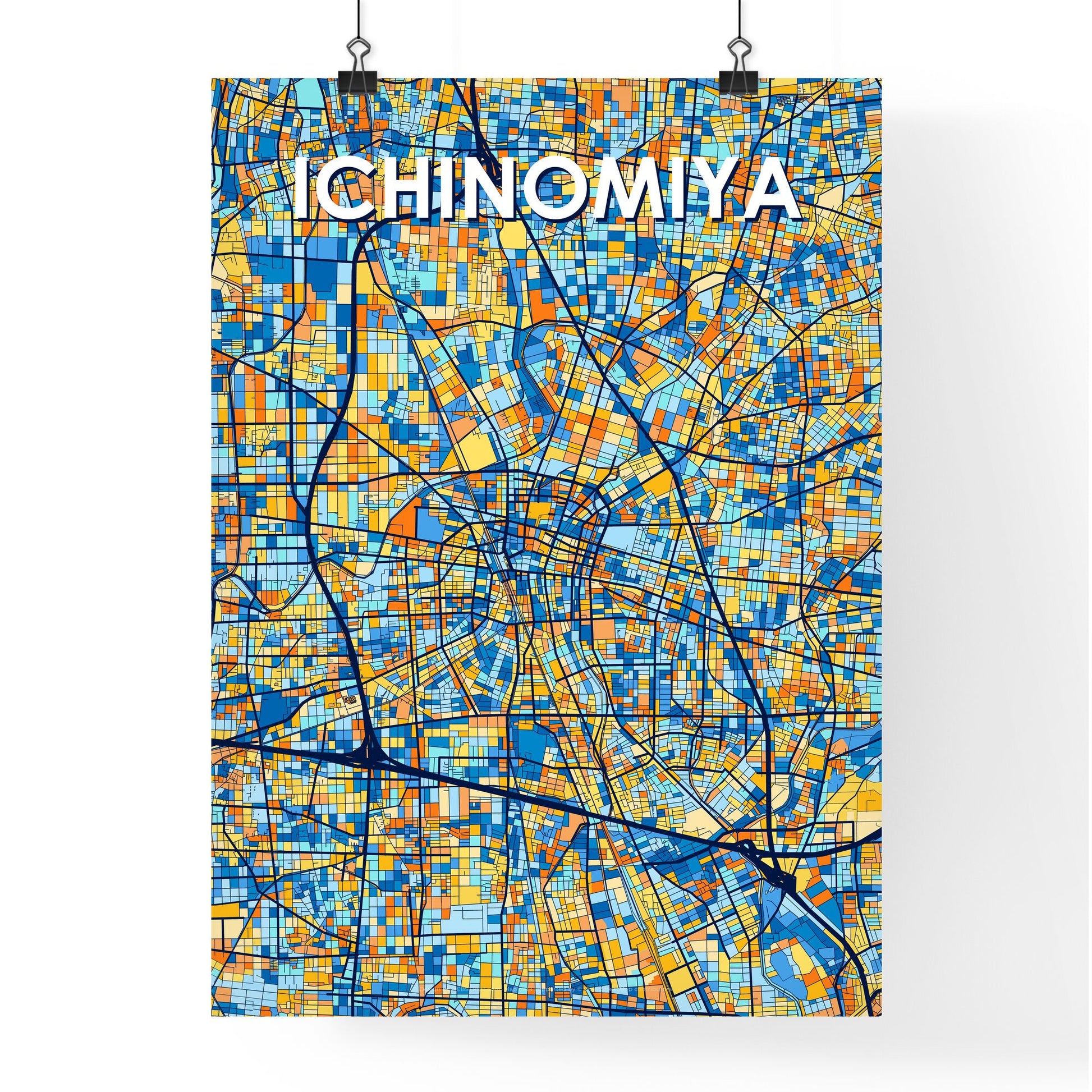 ICHINOMIYA JAPAN Vibrant Colorful Art Map Poster Blue Orange