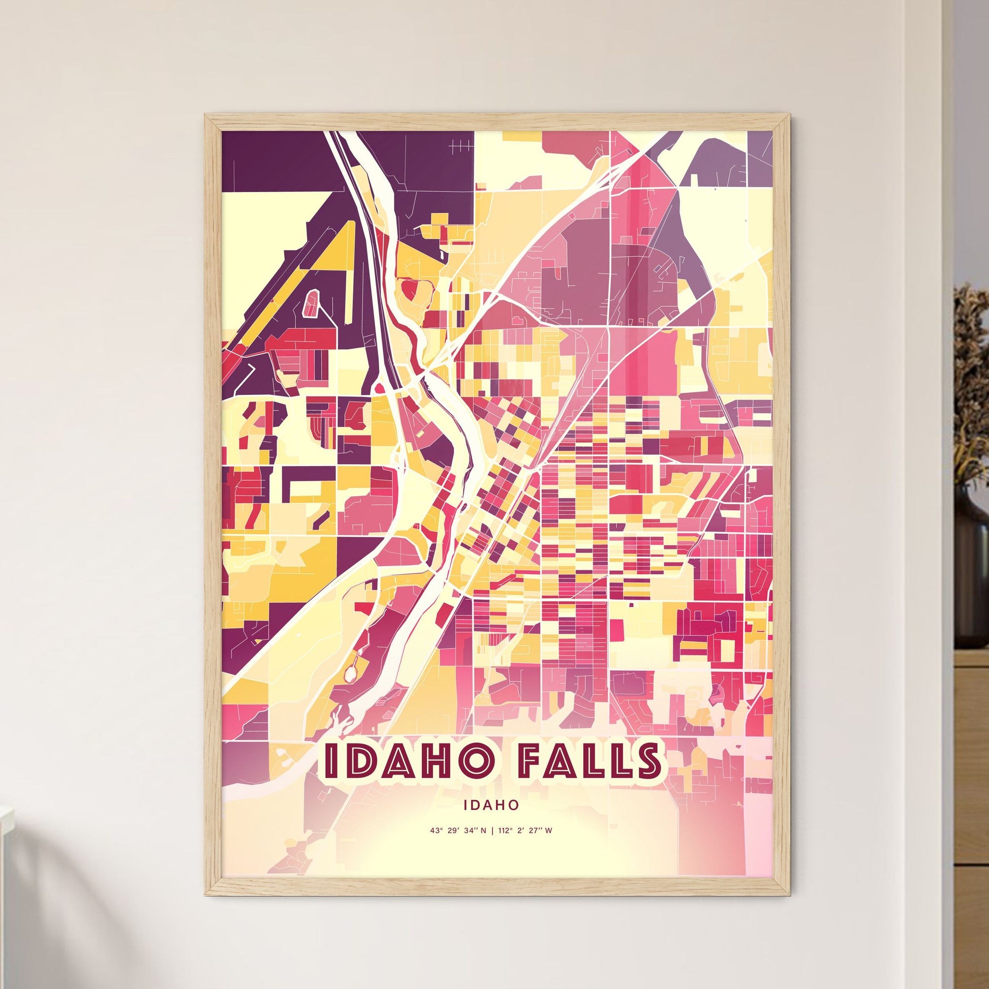 Colorful Idaho Falls Idaho Fine Art Map Hot Red