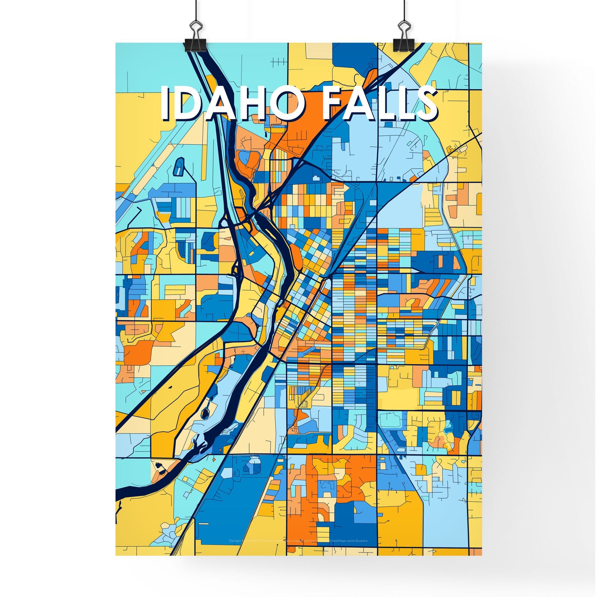 IDAHO FALLS IDAHO Vibrant Colorful Art Map Poster Blue Orange