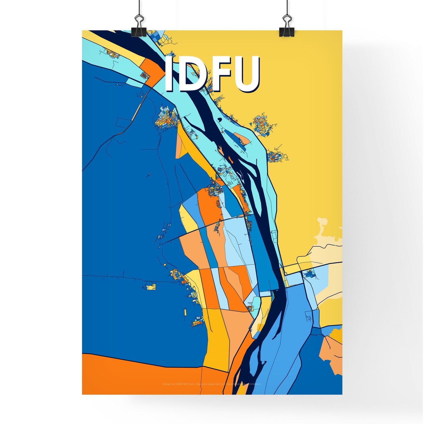 IDFU EGYPT Vibrant Colorful Art Map Poster Blue Orange