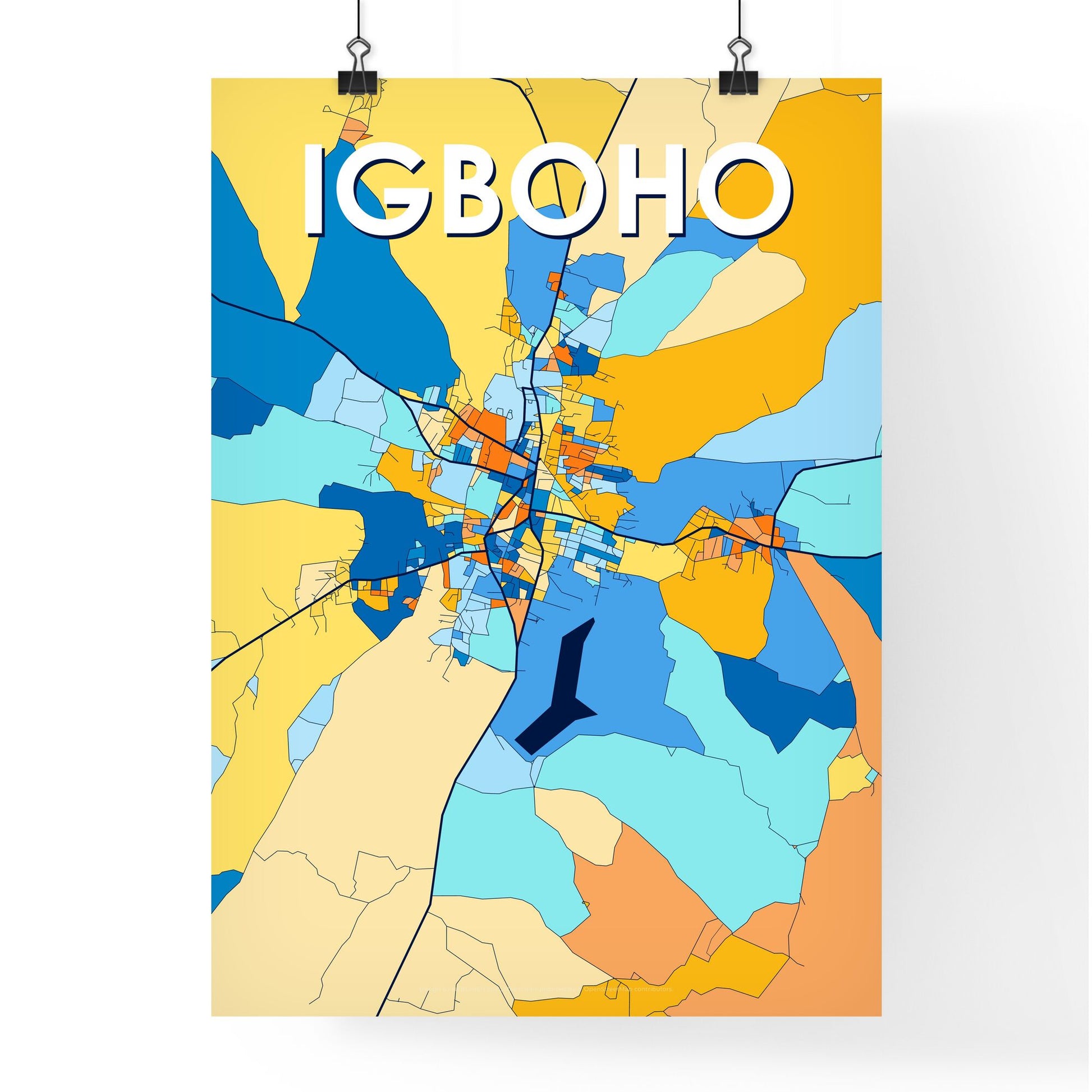 IGBOHO NIGERIA Vibrant Colorful Art Map Poster Blue Orange