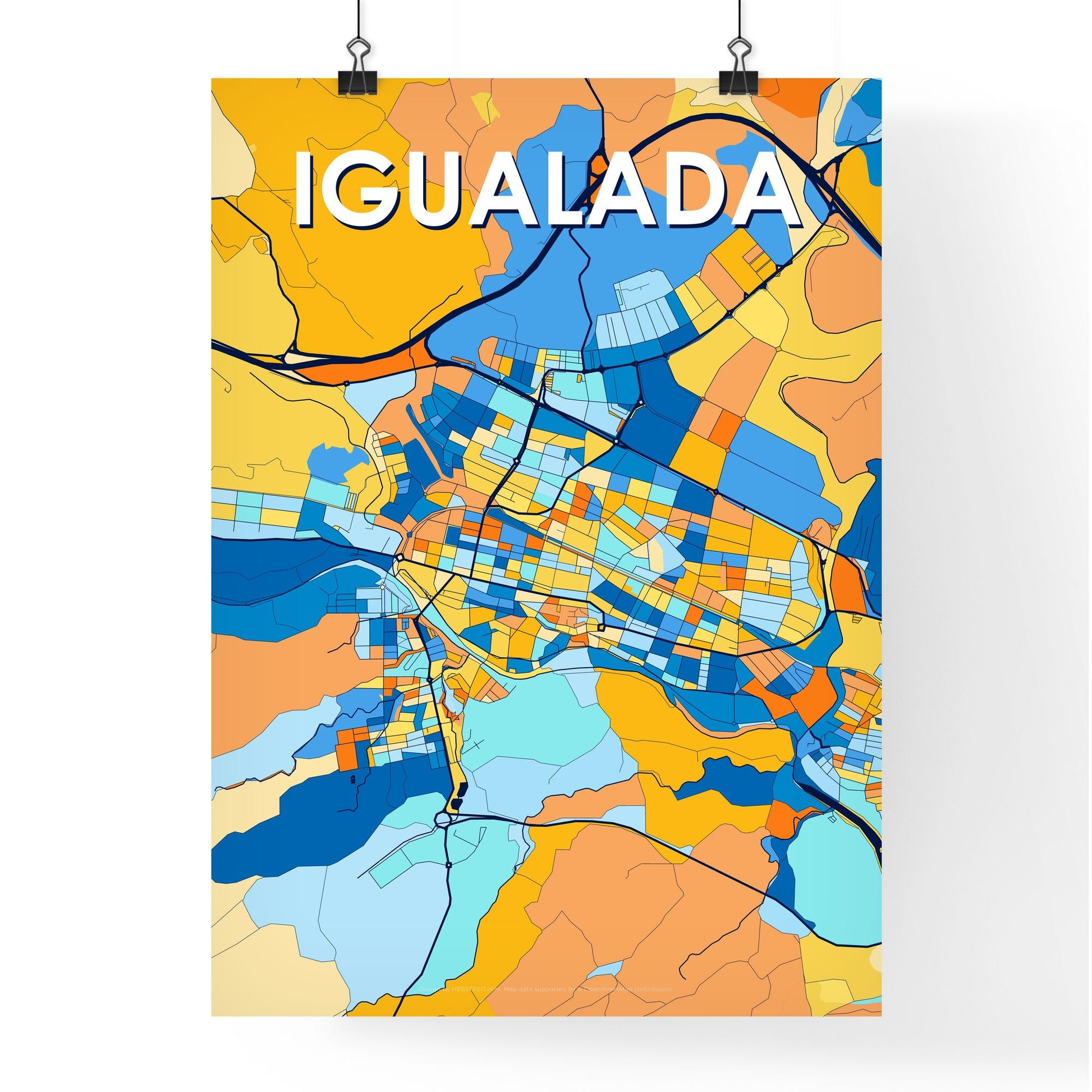 IGUALADA SPAIN Vibrant Colorful Art Map Poster Blue Orange