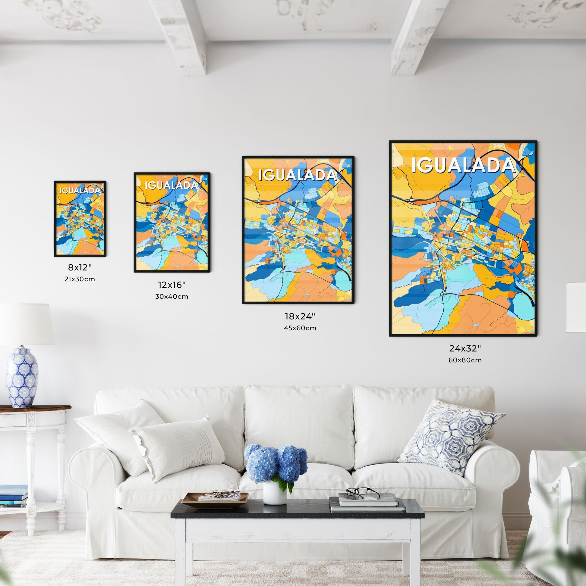 IGUALADA SPAIN Vibrant Colorful Art Map Poster Blue Orange