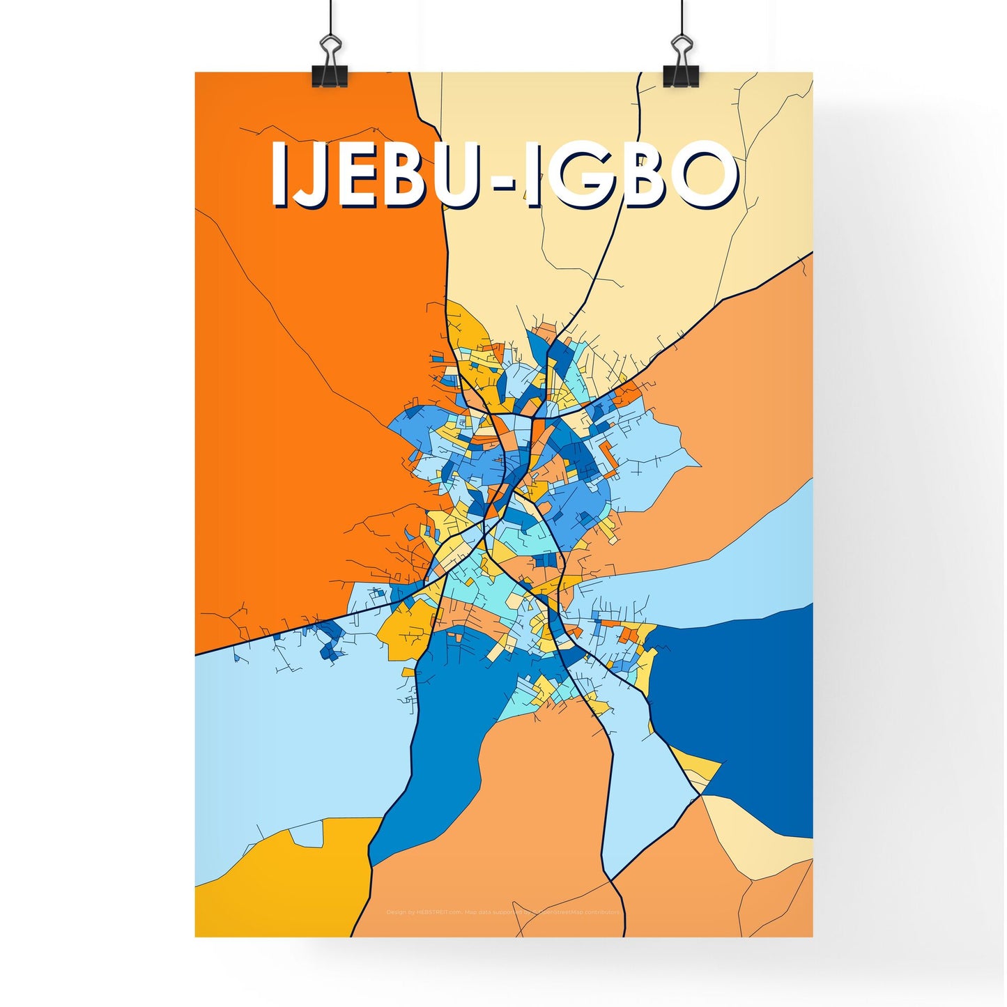 IJEBU-IGBO NIGERIA Vibrant Colorful Art Map Poster Blue Orange