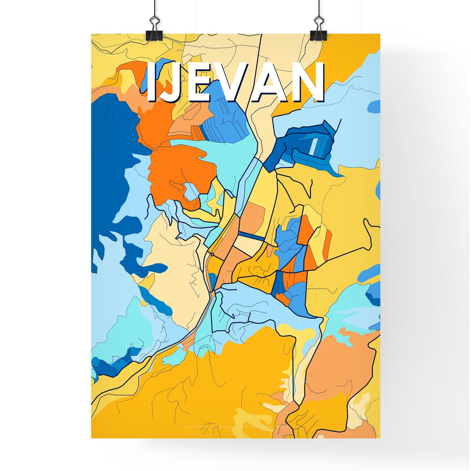 IJEVAN ARMENIA Vibrant Colorful Art Map Poster Blue Orange