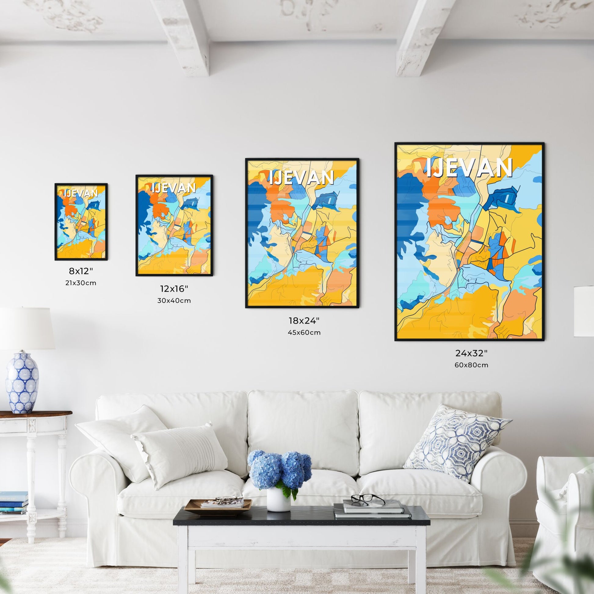 IJEVAN ARMENIA Vibrant Colorful Art Map Poster Blue Orange