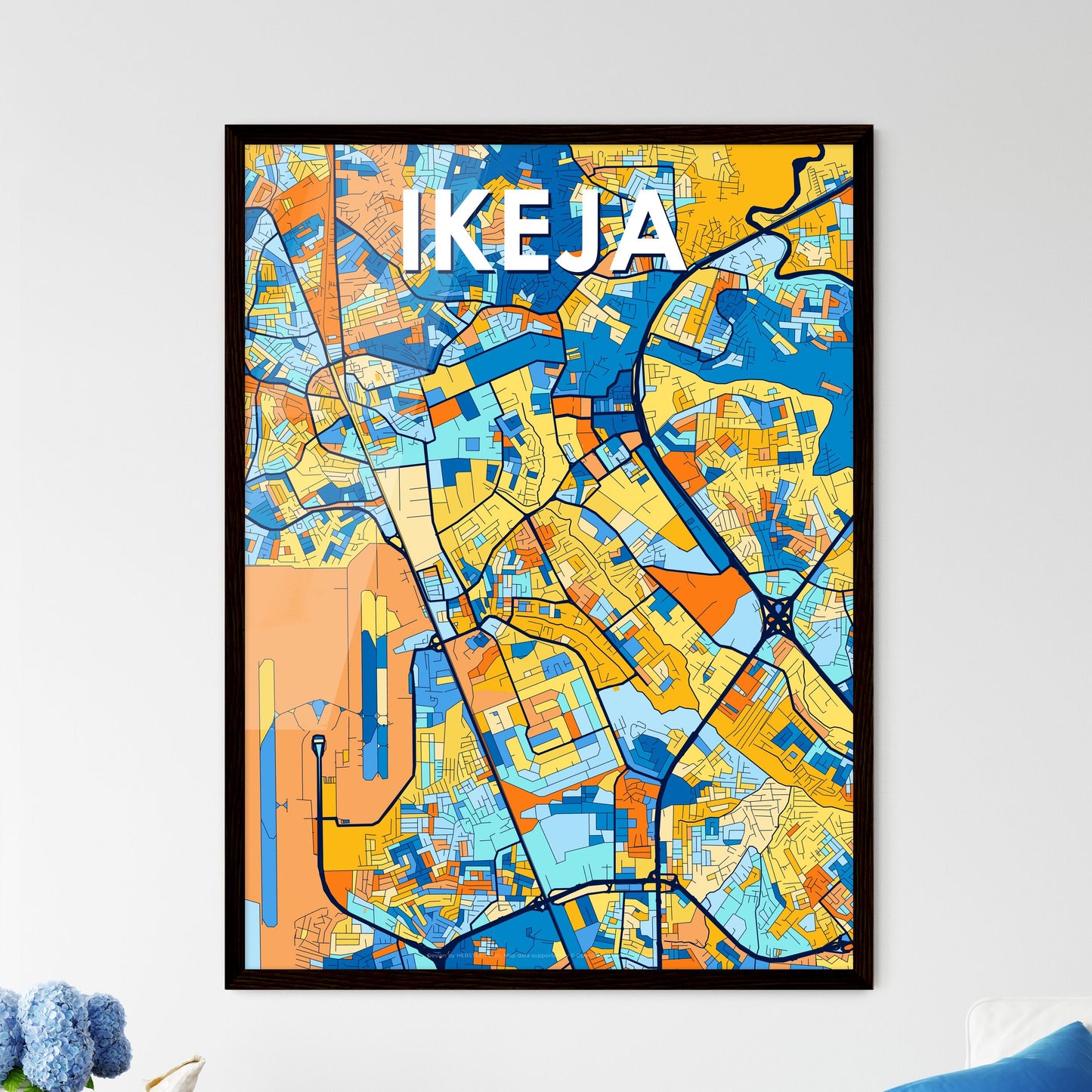 IKEJA NIGERIA Vibrant Colorful Art Map Poster Blue Orange