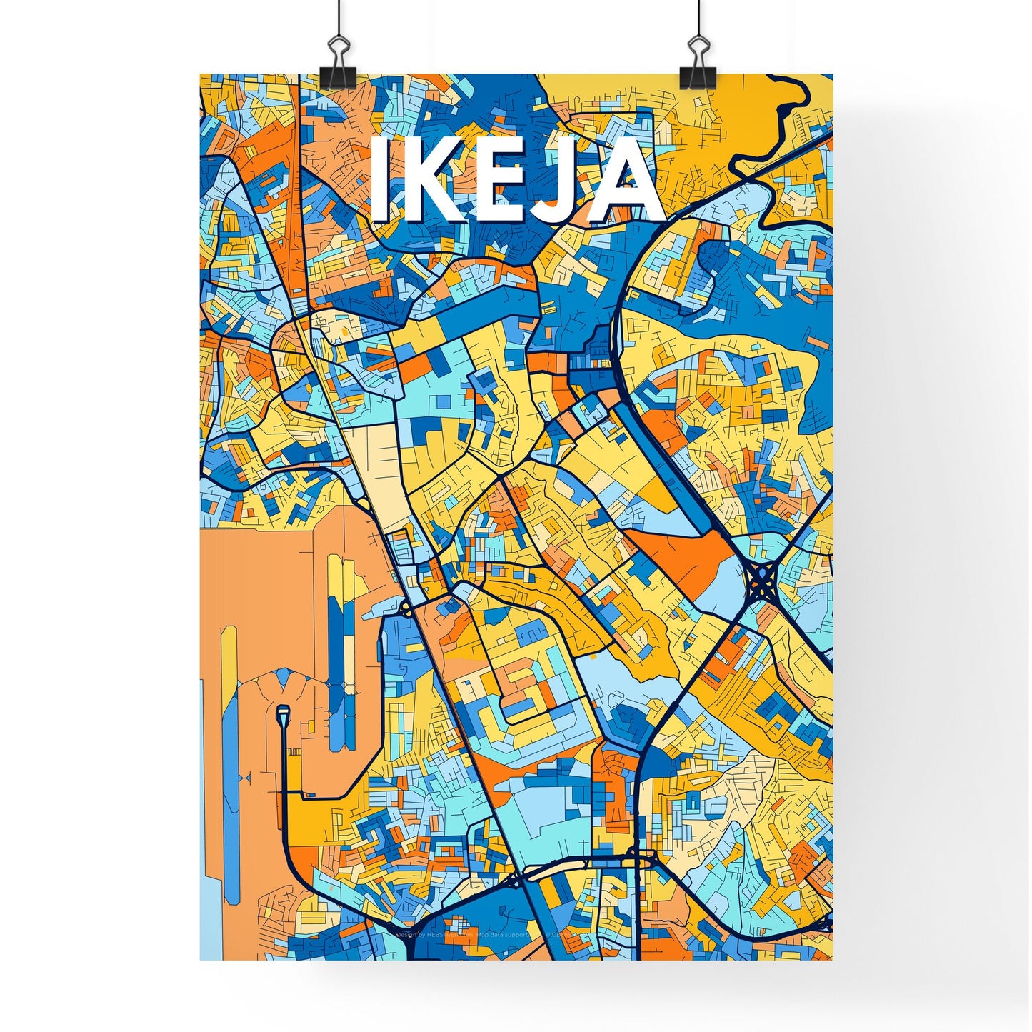 IKEJA NIGERIA Vibrant Colorful Art Map Poster Blue Orange