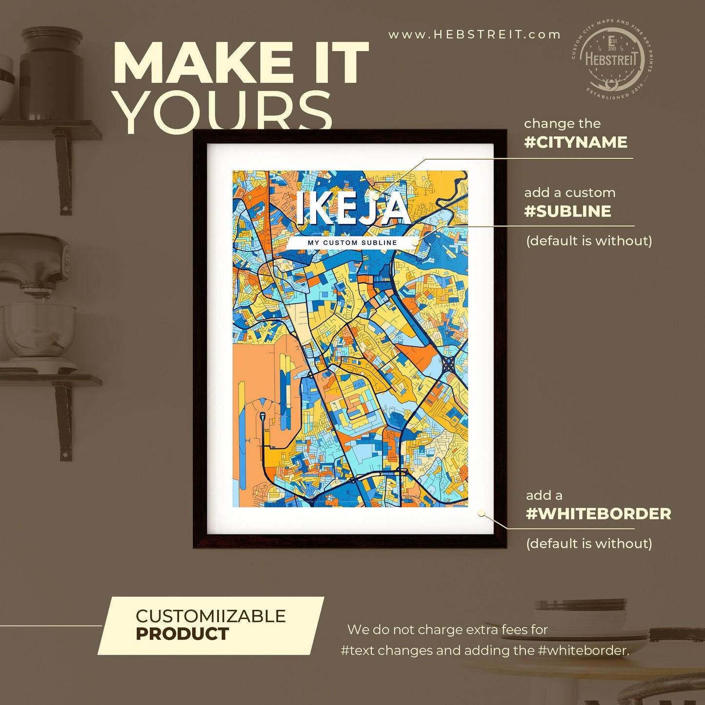 IKEJA NIGERIA Vibrant Colorful Art Map Poster Blue Orange