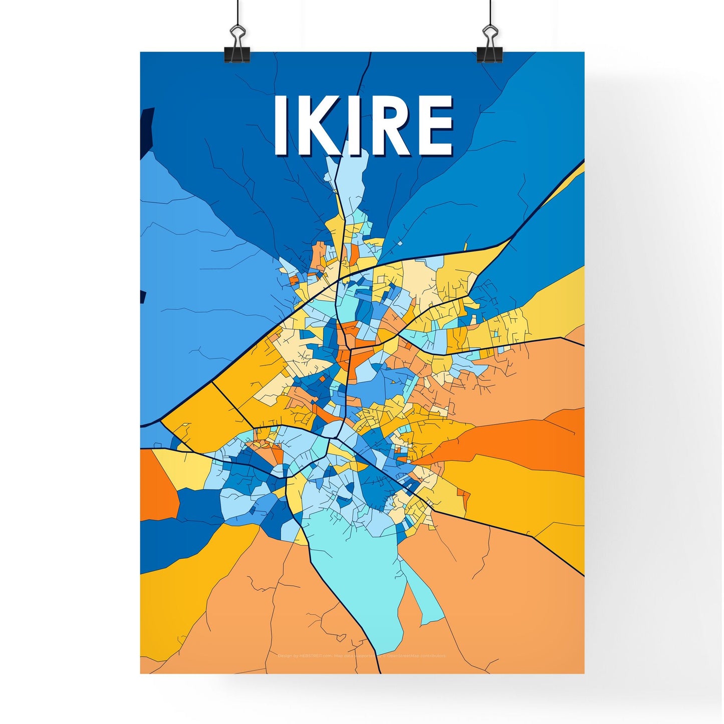 IKIRE NIGERIA Vibrant Colorful Art Map Poster Blue Orange