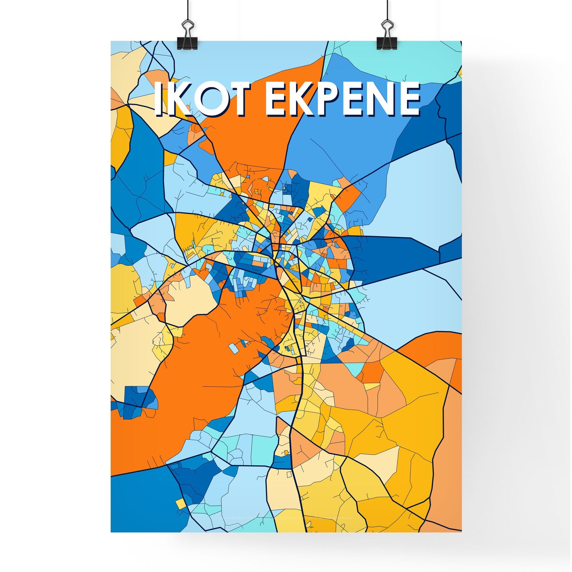 IKOT EKPENE NIGERIA Vibrant Colorful Art Map Poster Blue Orange