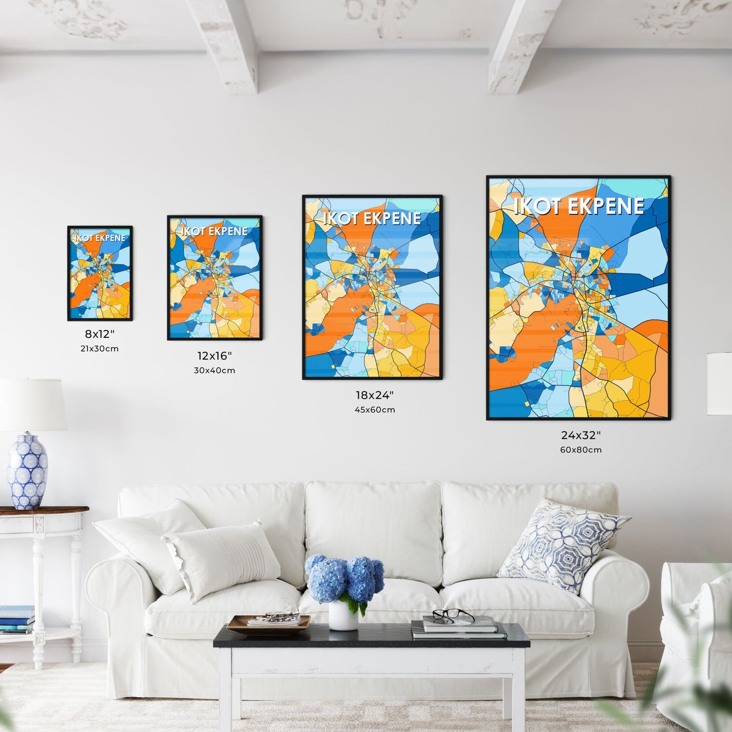 IKOT EKPENE NIGERIA Vibrant Colorful Art Map Poster Blue Orange