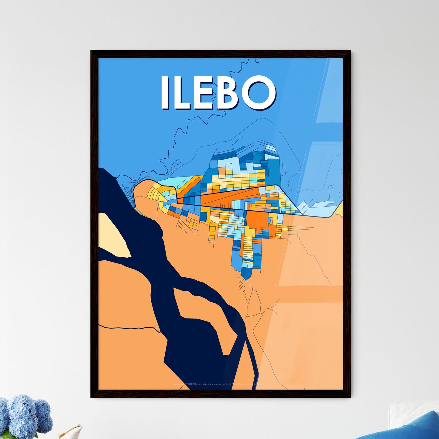 ILEBO DR CONGO Vibrant Colorful Art Map Poster Blue Orange