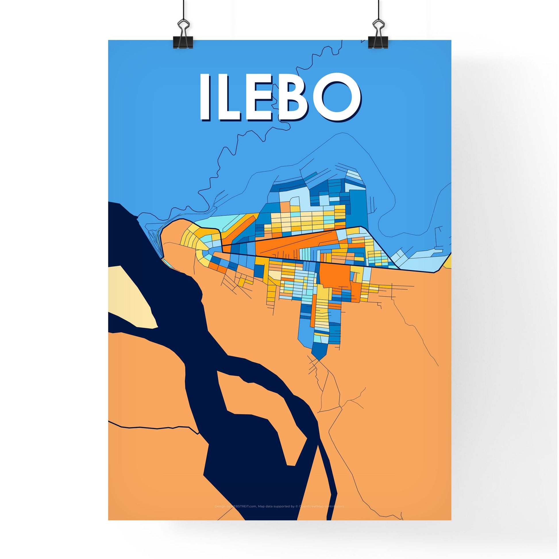 ILEBO DR CONGO Vibrant Colorful Art Map Poster Blue Orange