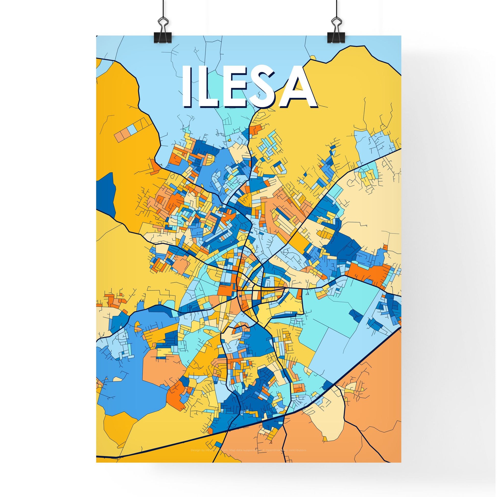 ILESA NIGERIA Vibrant Colorful Art Map Poster Blue Orange